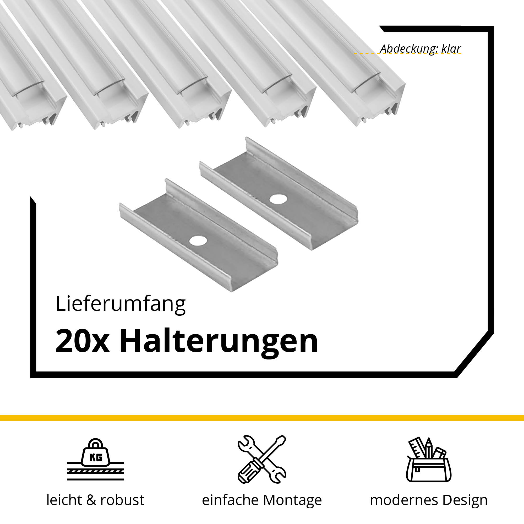 5x A20 LED Profil 2m - Weiss inkl. Abdeckung klar, Halter & Endkappen 5x A20 LED Profil 2m - Weiss inkl. Abdeckung klar, Halter & Endkappen