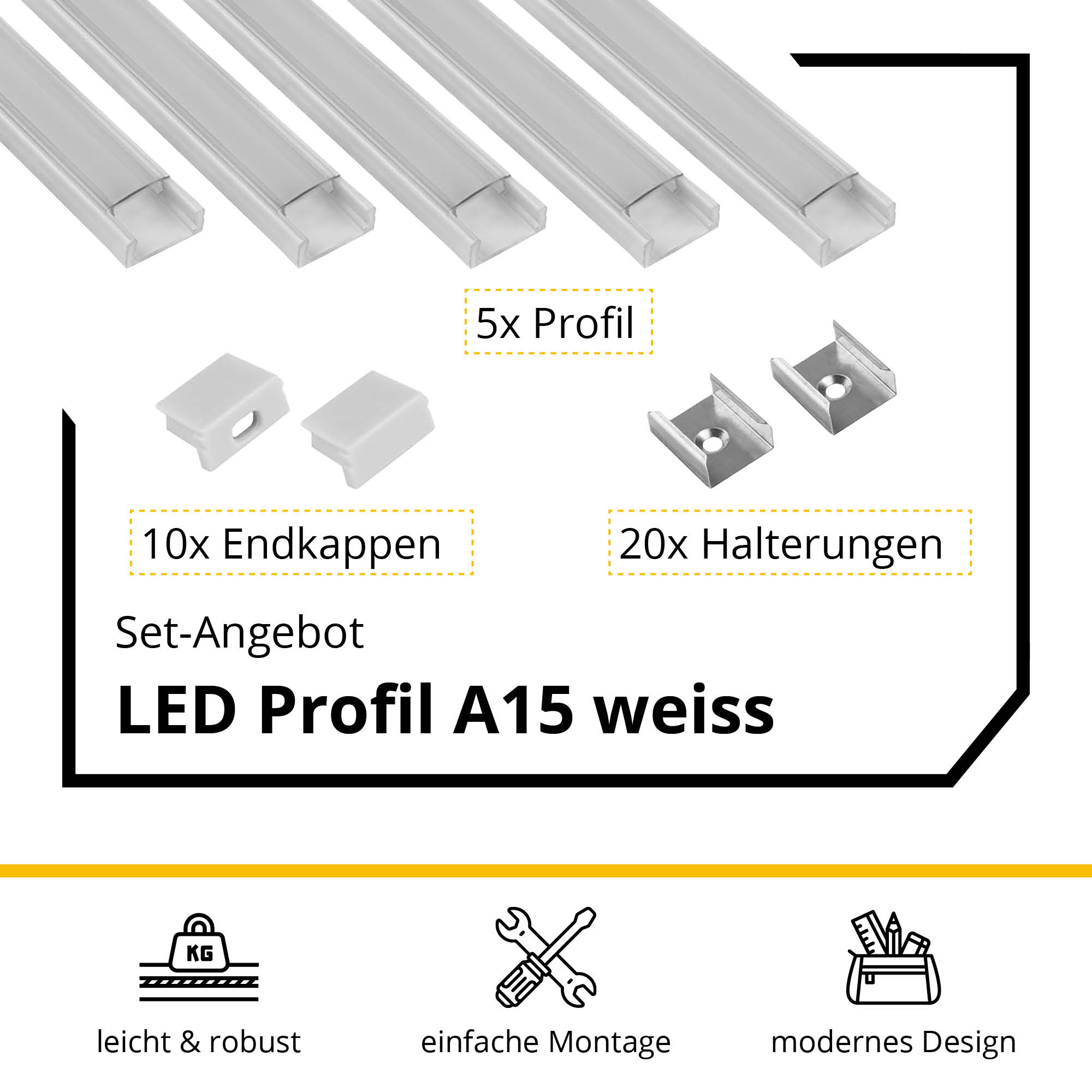 5x A15 LED Profil 2m - Weiss inkl. Abdeckung klar, Halter & Endkappen