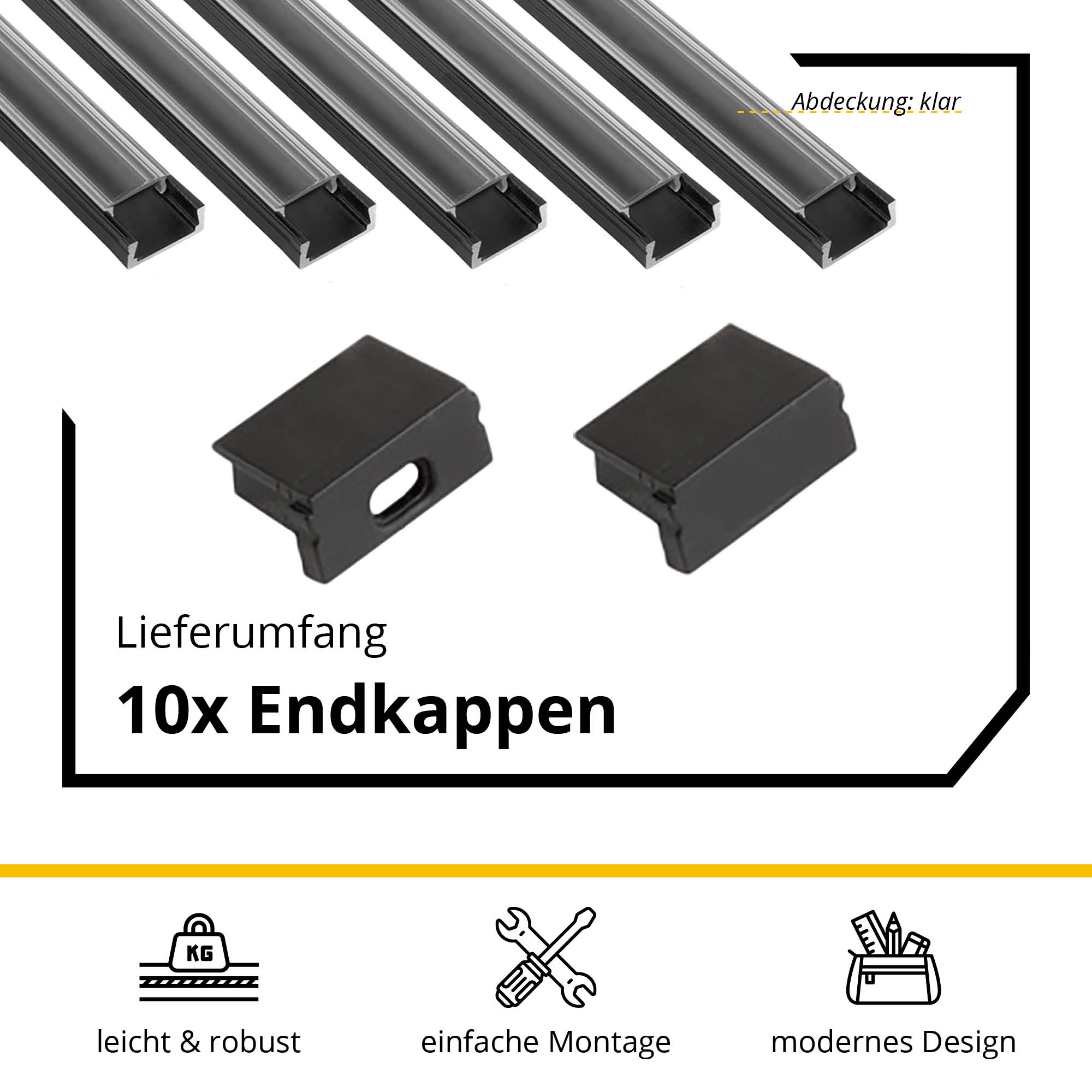 5x A15 LED Profil 2m - Schwarz inkl. Abdeckung klar, Halter & Endkappen 5x A15 LED Profil 2m - Schwarz inkl. Abdeckung klar, Halter & Endkappen