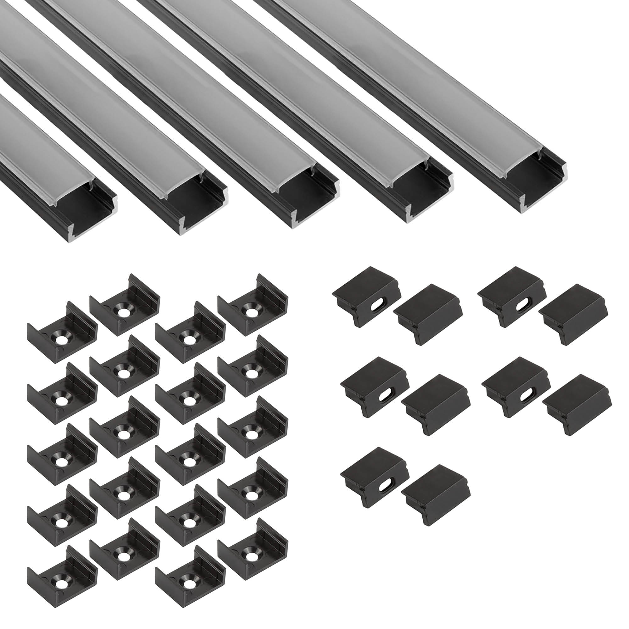 5x A15 LED Profil 2m - Schwarz inkl. Abdeckung opal, Halter & Endkappen