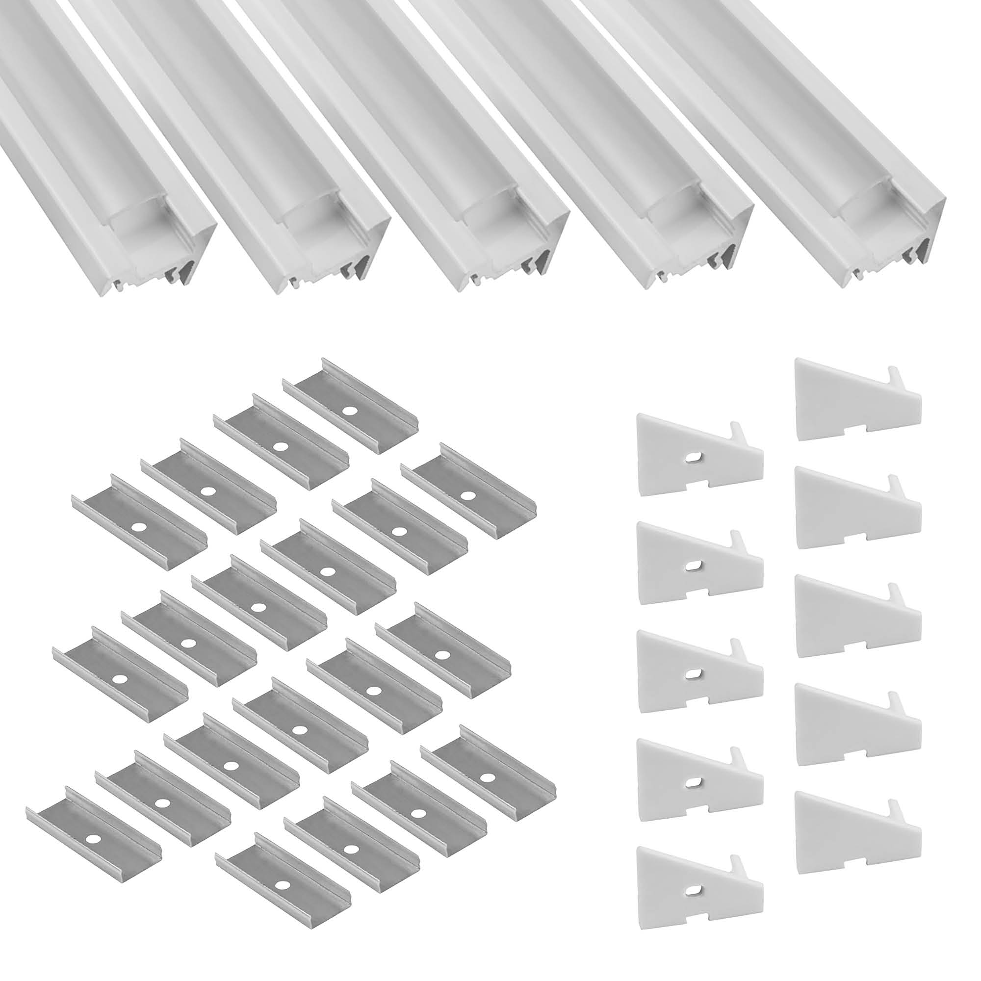 5x A20 LED Profil 2m - Weiss inkl. Abdeckung opal, Halter & Endkappen