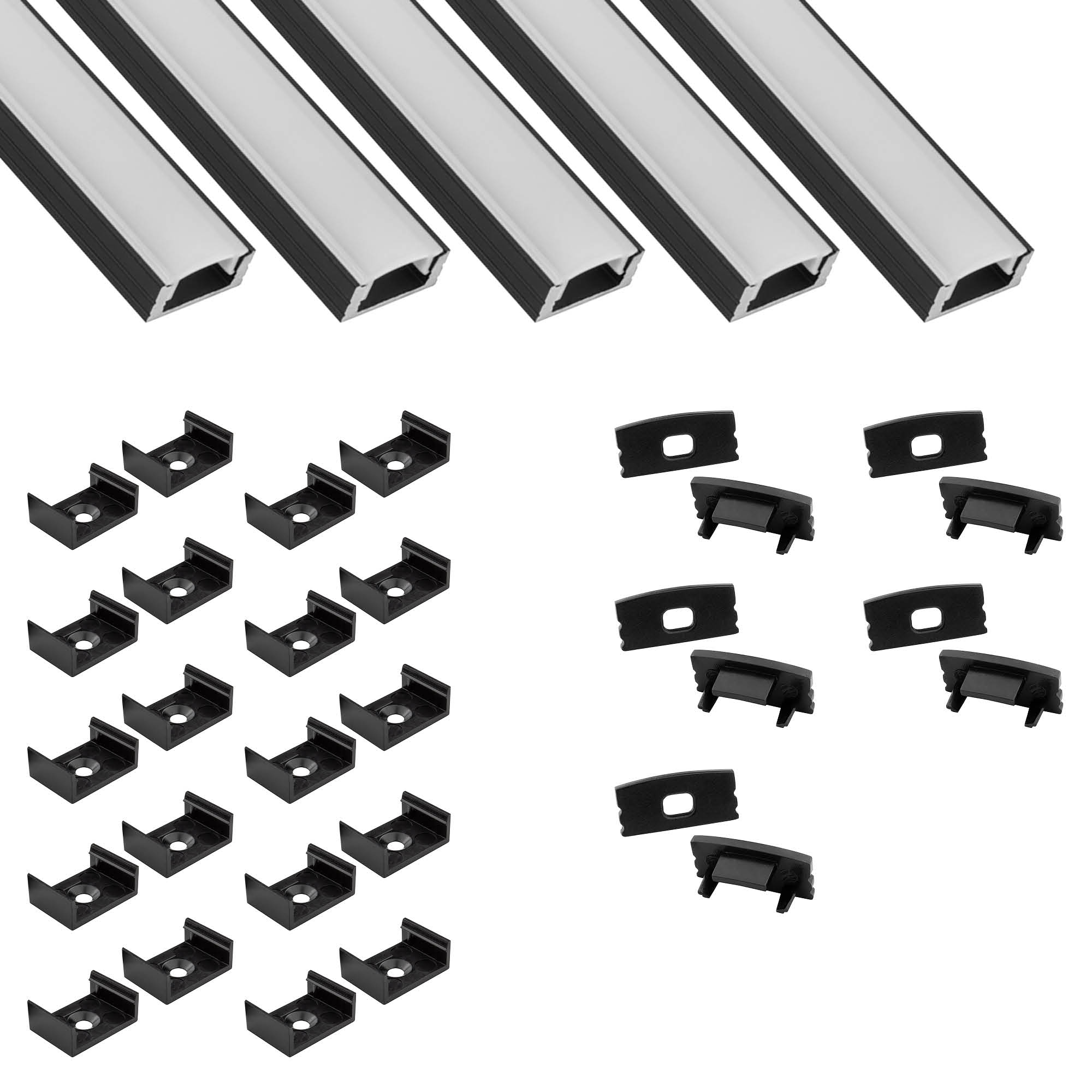 5x A17 LED Profil 2m - Schwarz inkl. Abdeckung milky, Halter & Endkappen 5x A17 LED Profil 2m - Schwarz inkl. Abdeckung milky, Halter & Endkappen