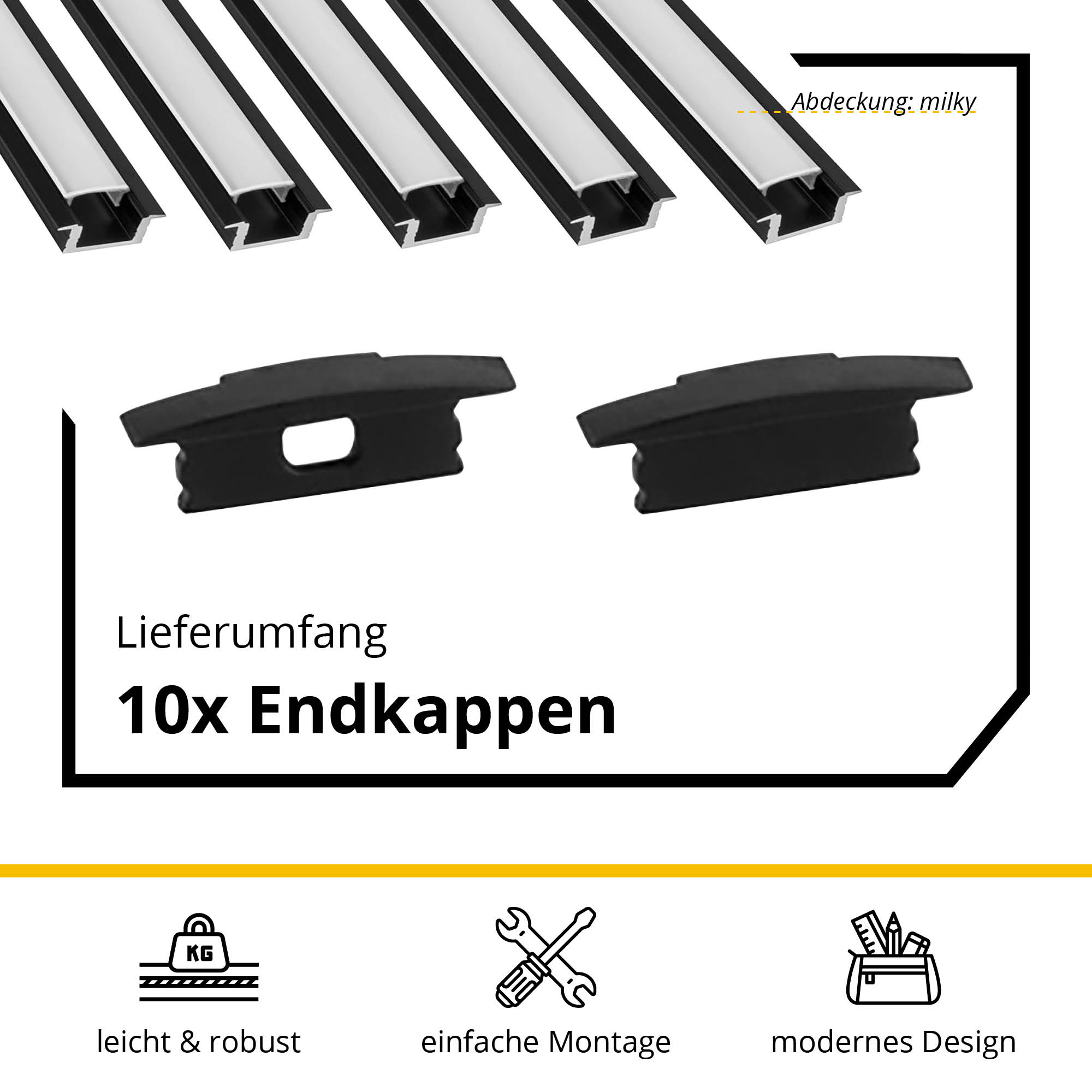 5x A25 LED Profil 2m - Schwarz inkl. Abdeckung milky & Endkappen
