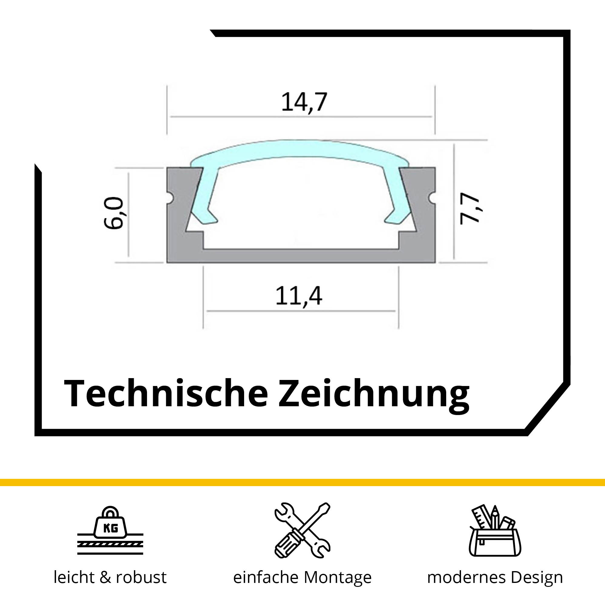 A15 LED Profil Schwarz 2x Endkappen 5x A15 LED Profil 2m - Weiss inkl. Abdeckung opal, Halter & Endkappen