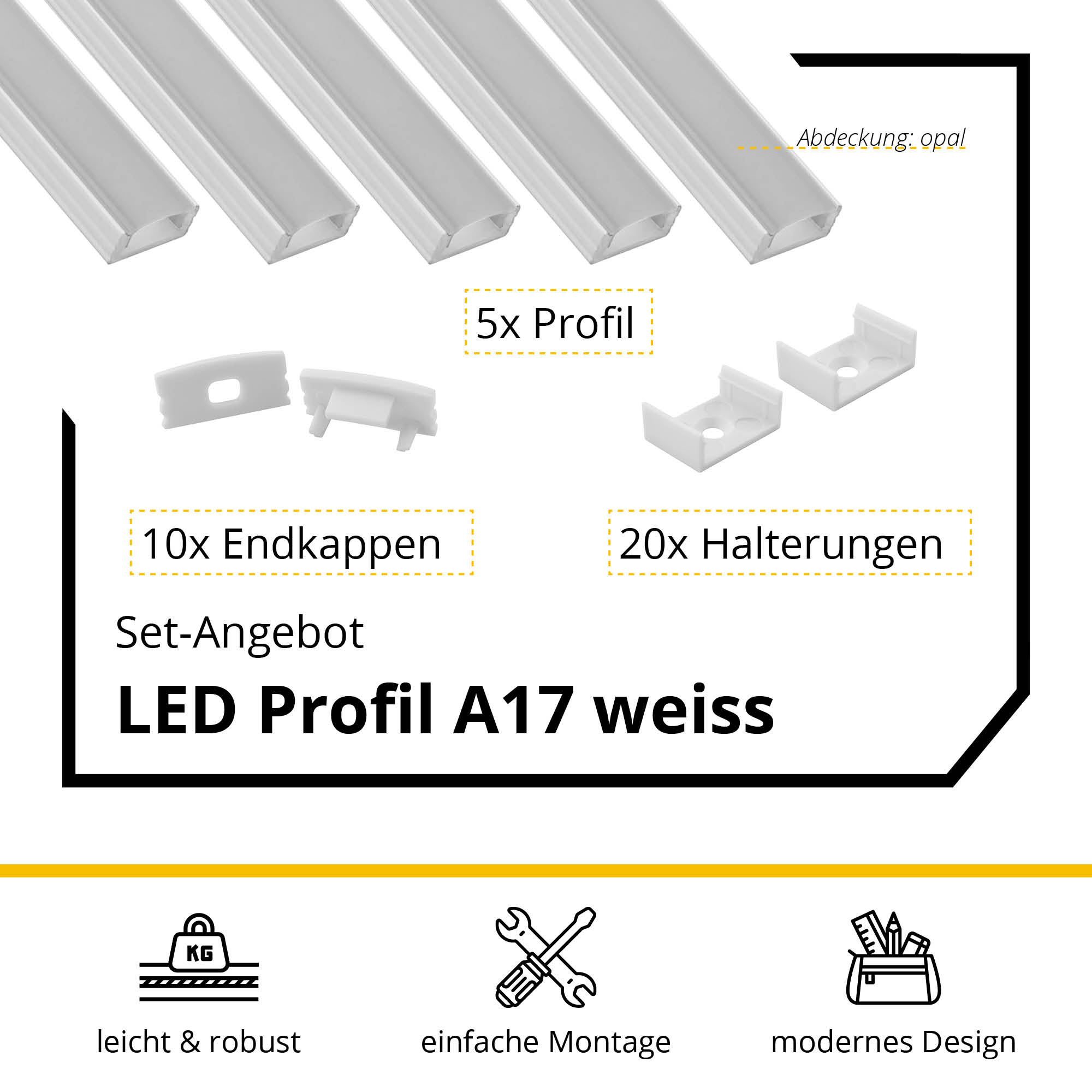 5x A17 LED Profil 2m - Weiss inkl. Abdeckung opal, Halter & Endkappen