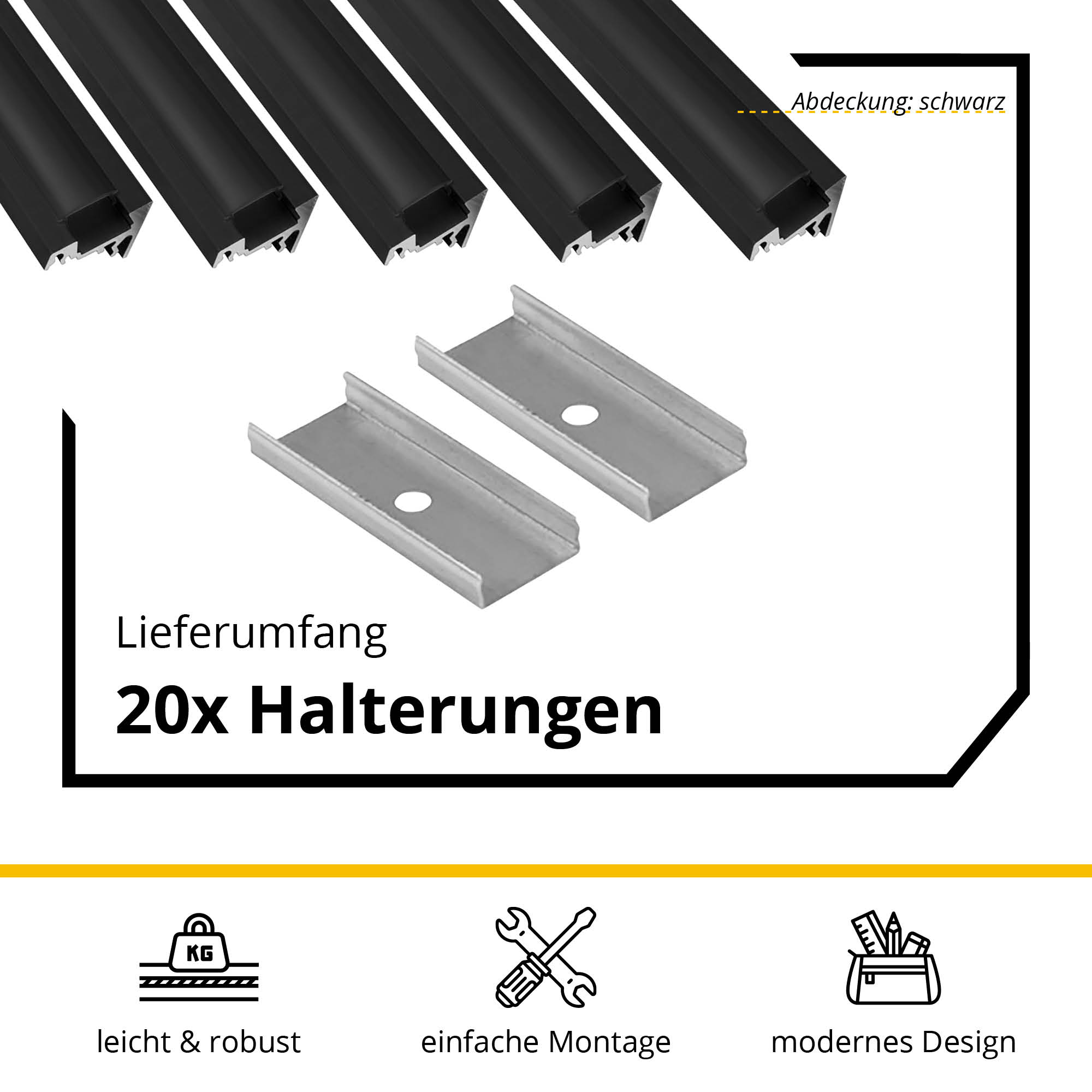 5x A20 LED Profil 2m - Schwarz inkl. Abdeckung schwarz, Halter & Endkappen 5x A20 LED Profil 2m - Schwarz inkl. Abdeckung schwarz, Halter & Endkappen
