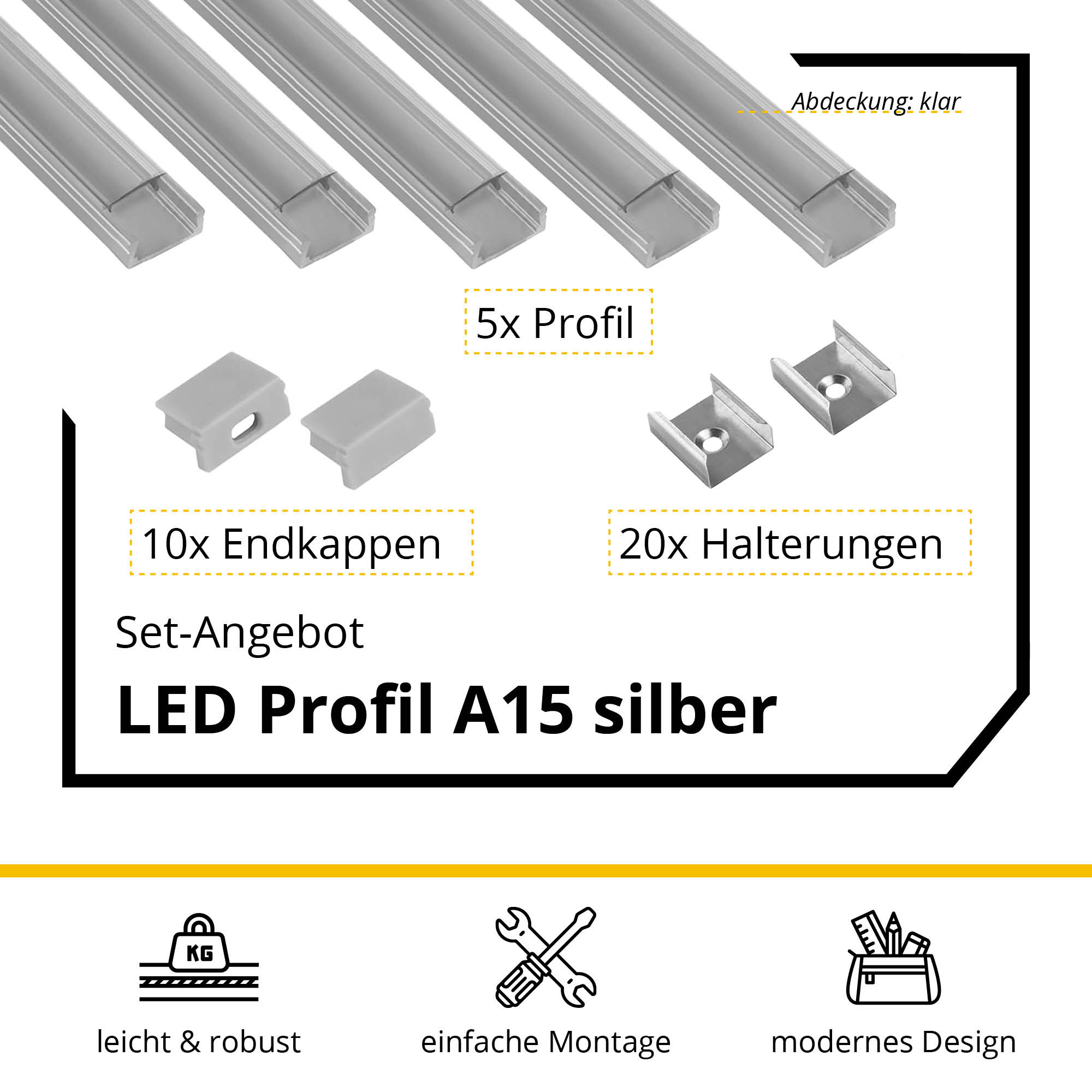 5x A15 LED Profile 2m - Silver incl. Clear Cover, Clips & End Caps