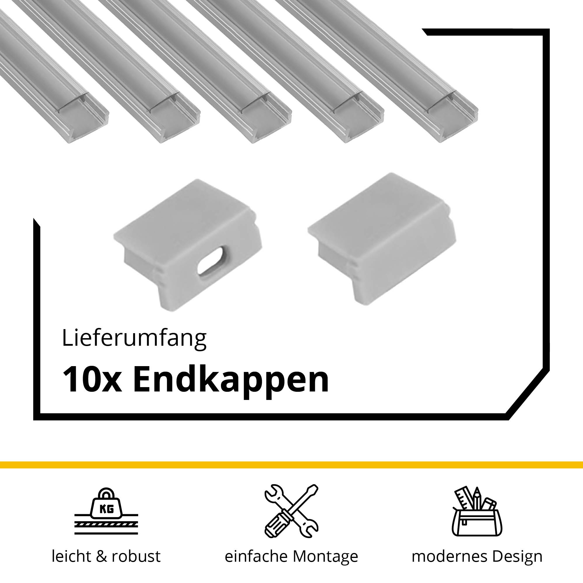 5x A15 LED Profil 2m - Silber inkl. Abdeckung klar, Halter & Endkappen