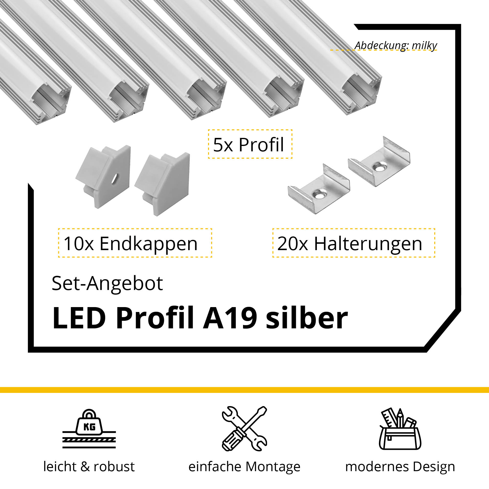 5x A19 LED Profil 2m - Silber inkl. Abdeckung, Halter & Endkappen 5x A19 LED Profil 2m - Silber inkl. Abdeckung milky, Halter & Endkappen