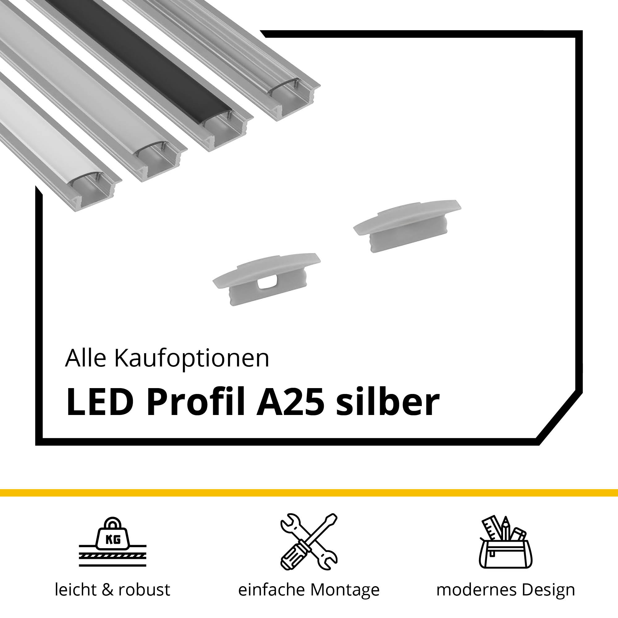 A25 LED Aluprofil Einbauprofil Silber 2x Endkappen A25 LED Aluprofil Einbauprofil Silber 2m Abdeckung milky