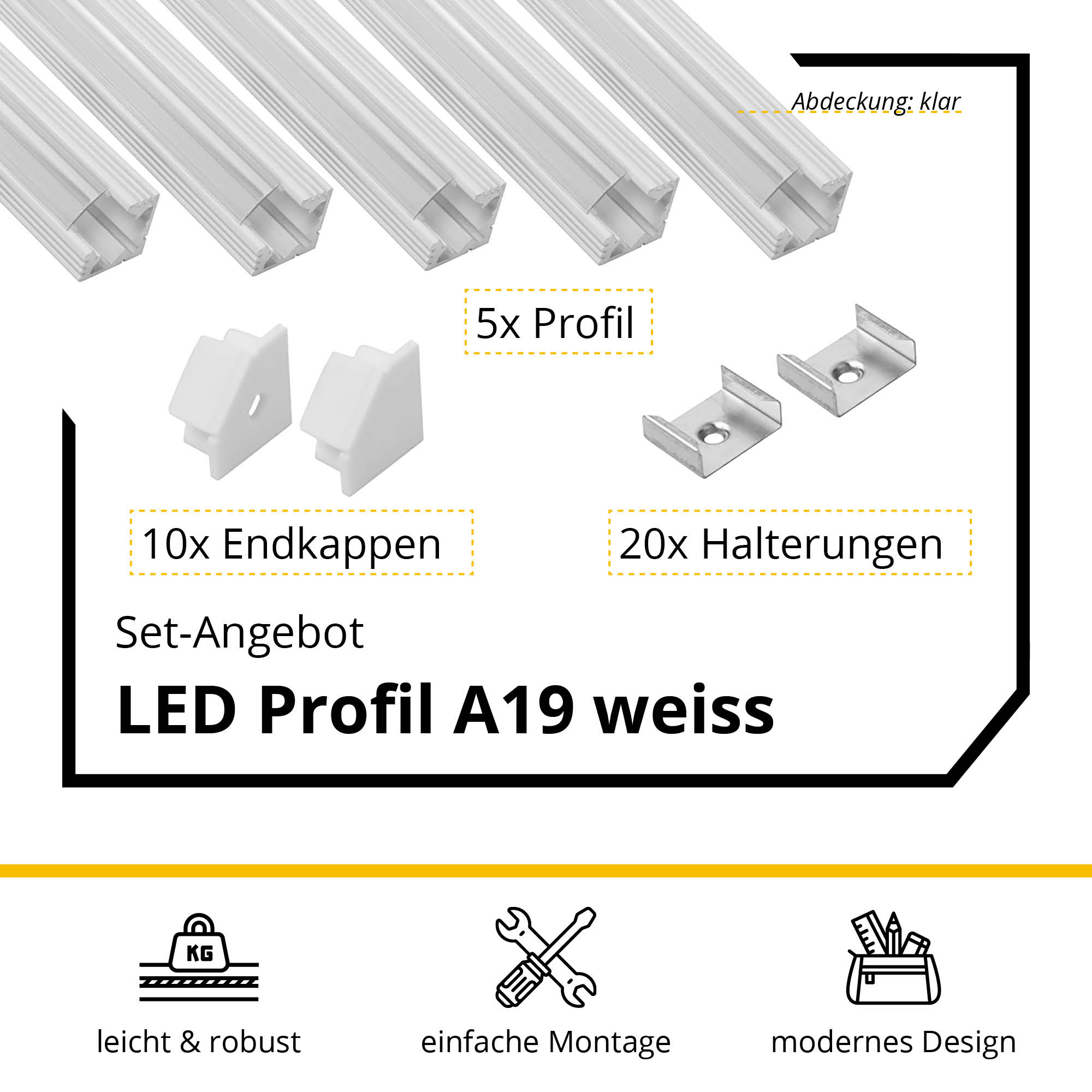 5x A19 LED Profil 2m - Weiss inkl. Abdeckung, Halter & Endkappen 5x A19 LED Profil 2m - Weiss inkl. Abdeckung klar, Halter & Endkappen