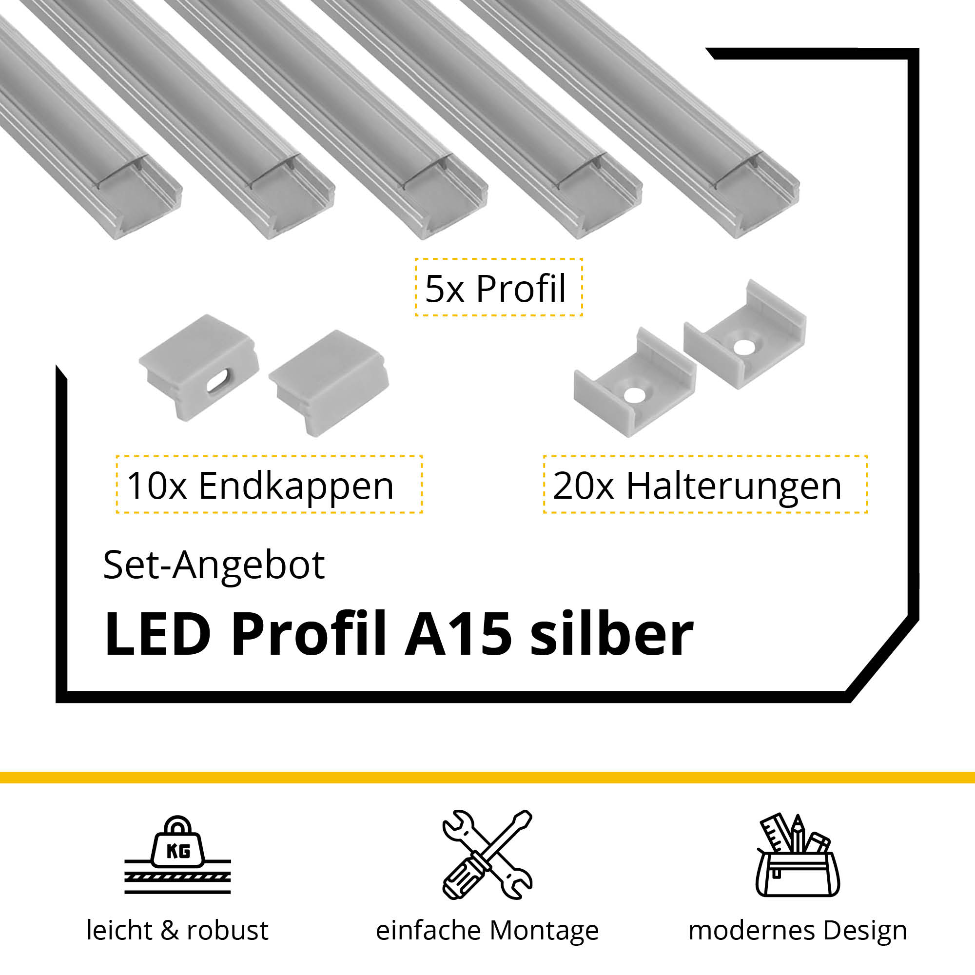5x A15 LED Profil 2m - Silber inkl. Abdeckung, Halter & Endkappen 5x A15 LED Profil 2m - Silber inkl. Abdeckung klar, Halter & Endkappen