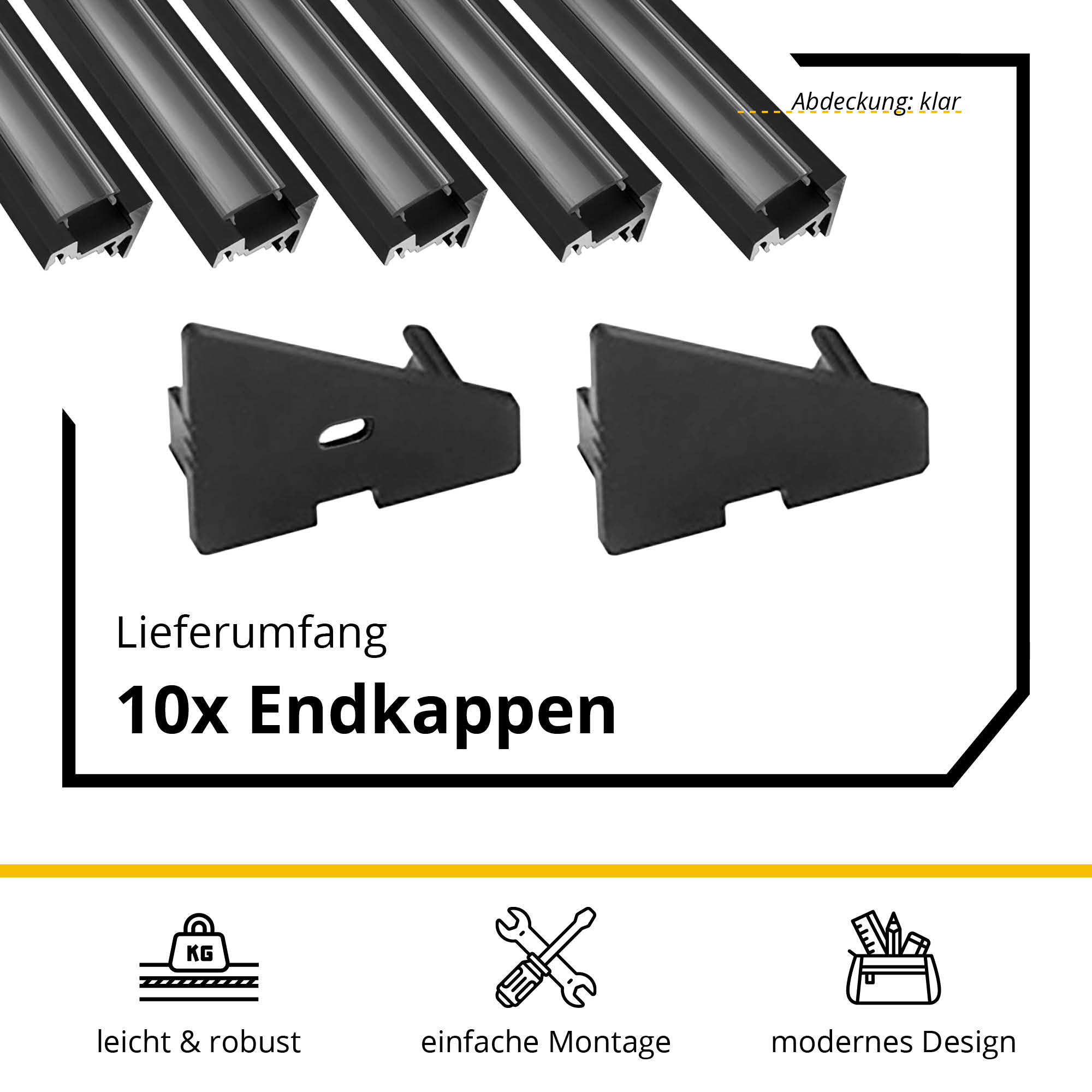 5x A20 LED Profil 2m - Schwarz inkl. Abdeckung klar, Halter & Endkappen 5x A20 LED Profil 2m - Schwarz inkl. Abdeckung klar, Halter & Endkappen