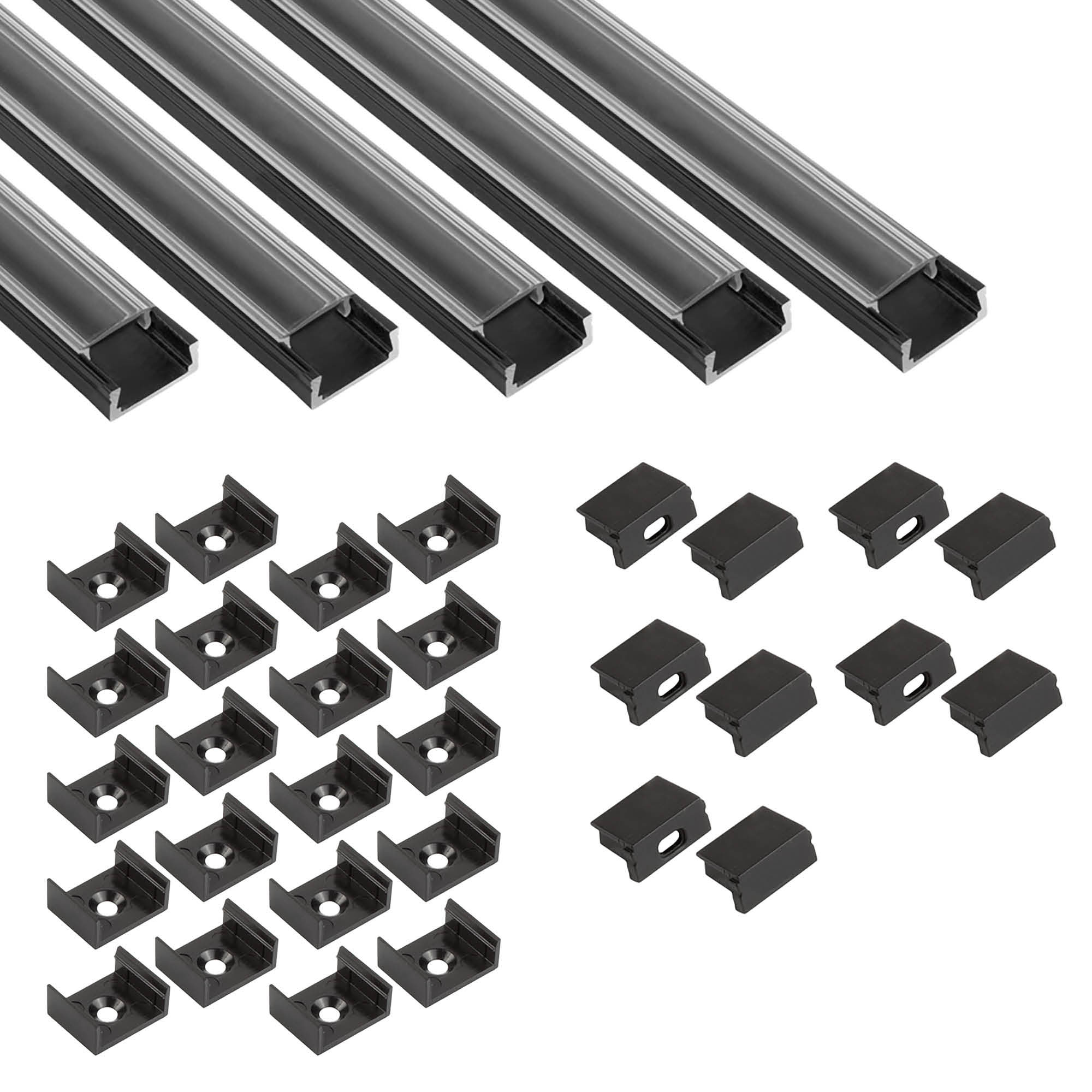 5x A15 LED Profil 2m - Schwarz inkl. Abdeckung klar, Halter & Endkappen