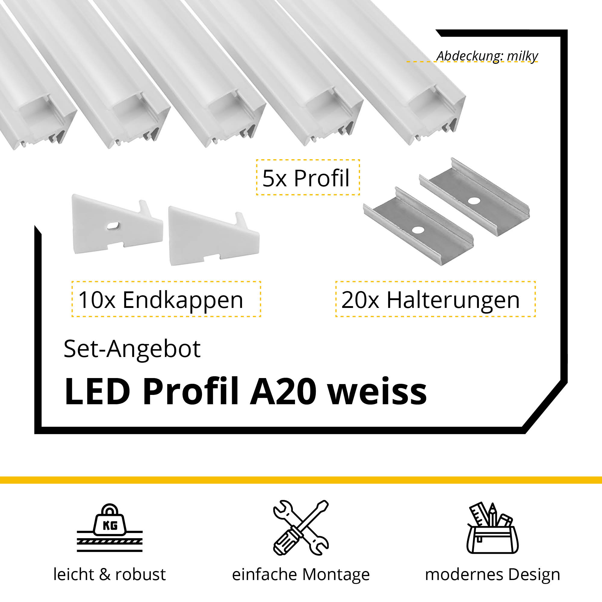 5x A20 LED Profil 2m - Weiss inkl. Abdeckung milky, Halter & Endkappen