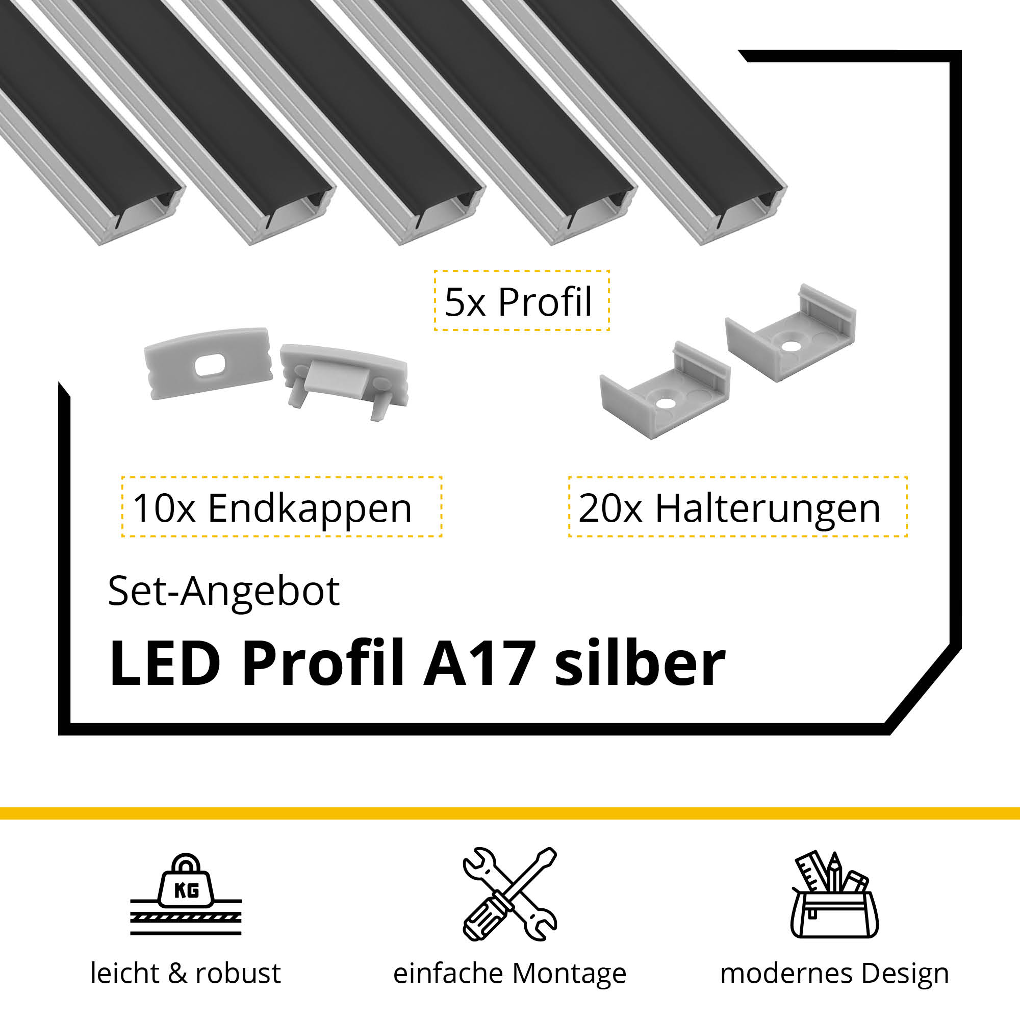 5x A17 LED Profil 2m - Silber inkl. Abdeckung, Halter & Endkappen 5x A17 LED Profil 2m - Silber inkl. Abdeckung schwarz, Halter & Endkappen