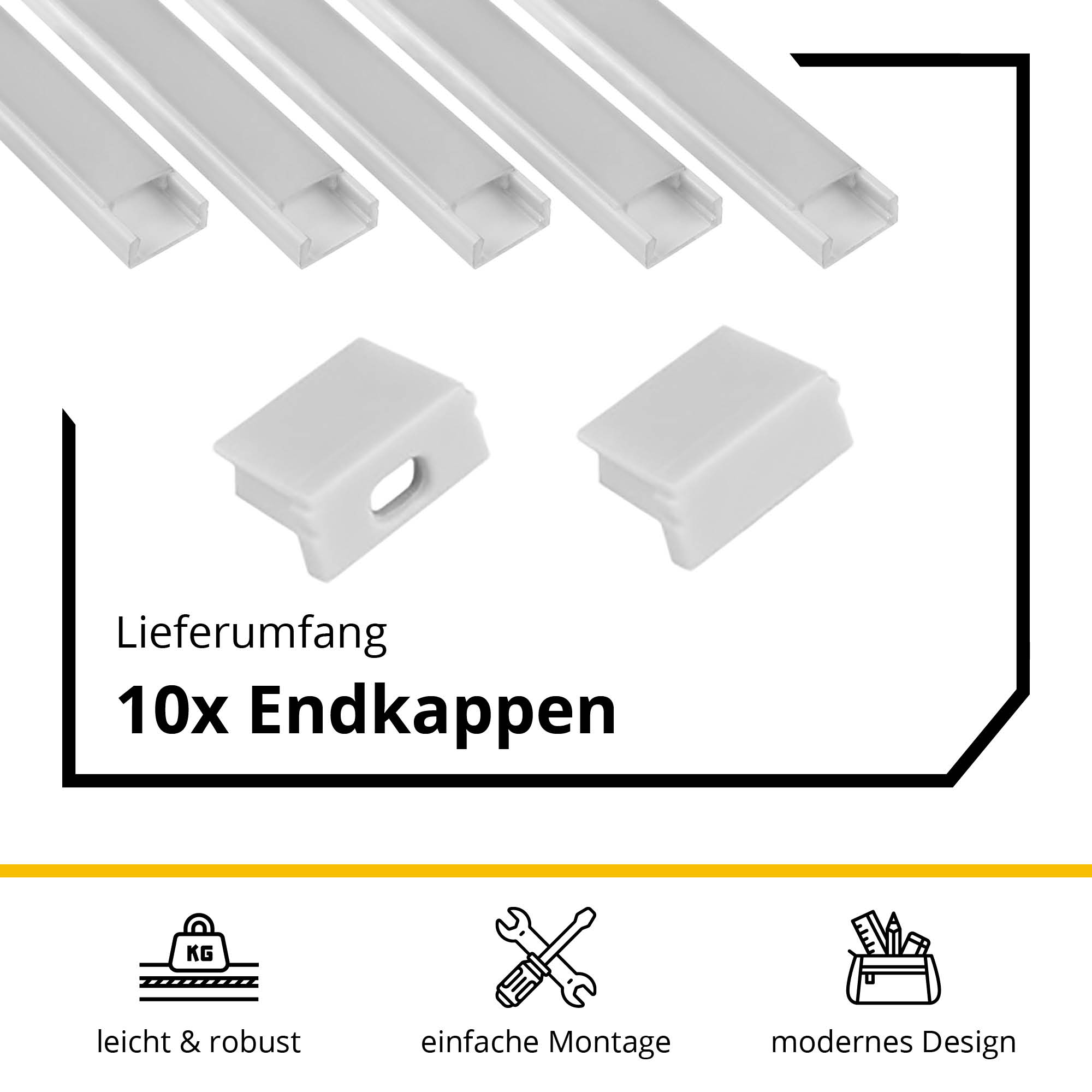 5x A15 LED Profil 2m - Weiss inkl. Abdeckung opal, Halter & Endkappen