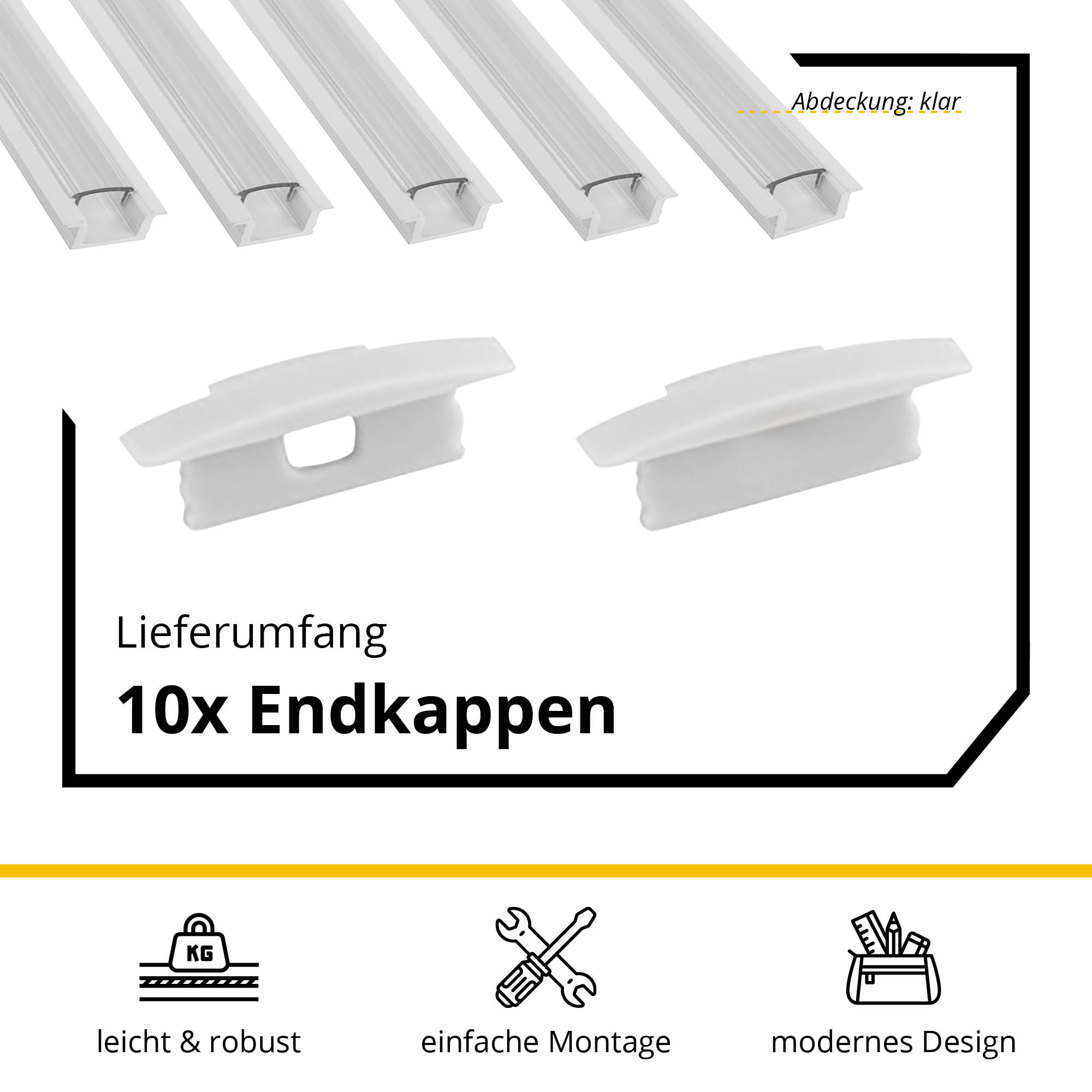 5x A25 LED Profil 2m - Weiss inkl. Abdeckung klar & Endkappen