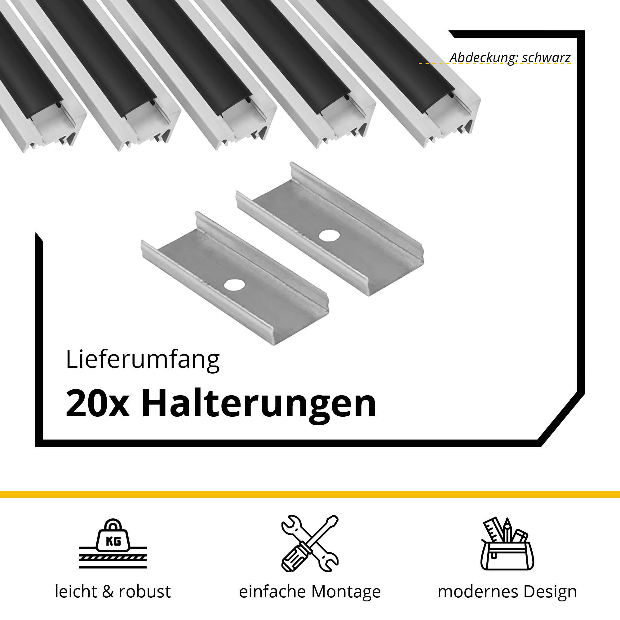 5x A20 LED Profil 2m - Silber inkl. Abdeckung schwarz, Halter & Endkappen