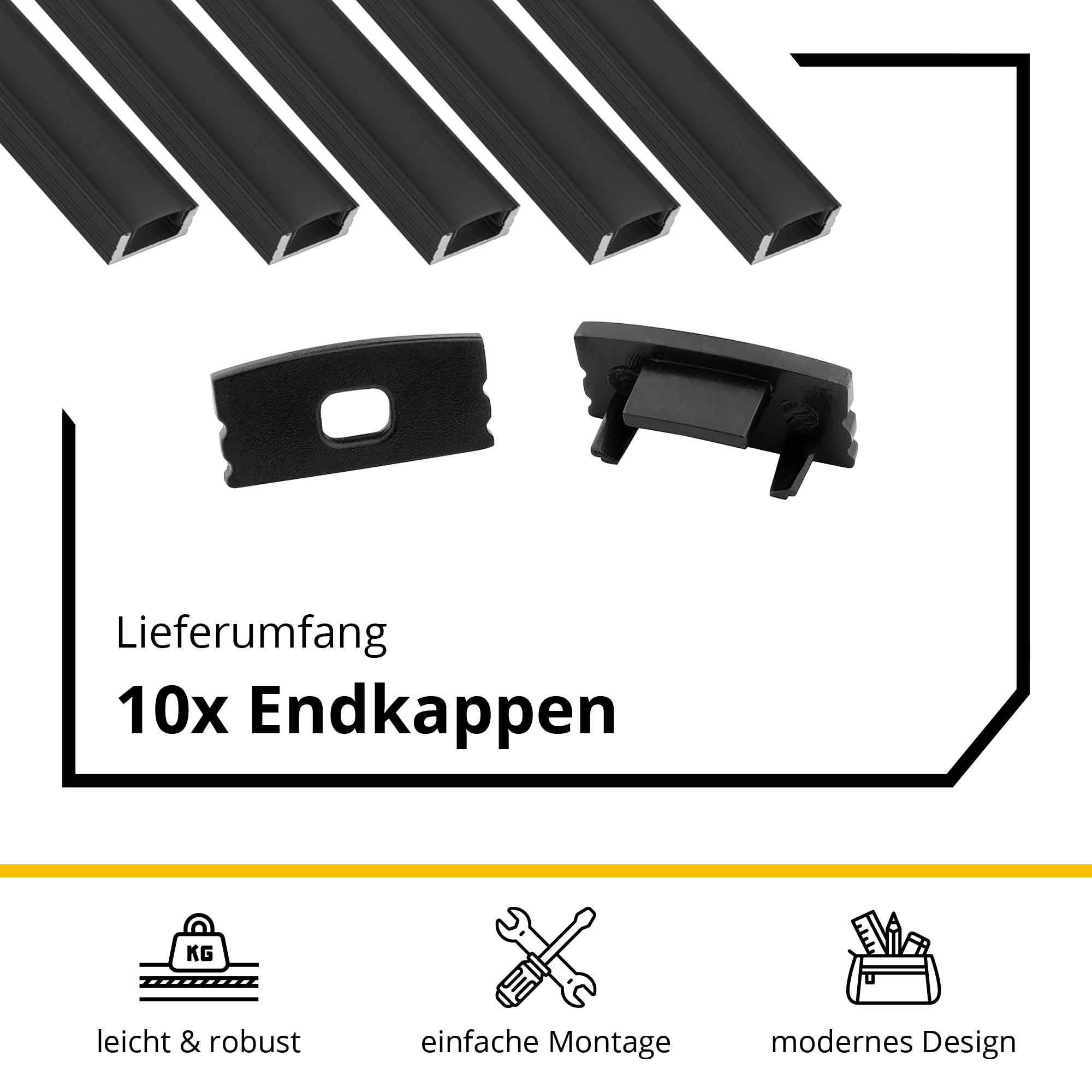 5x A17 LED Profil 2m - Schwarz inkl. Abdeckung schwarz, Halter & Endkappen