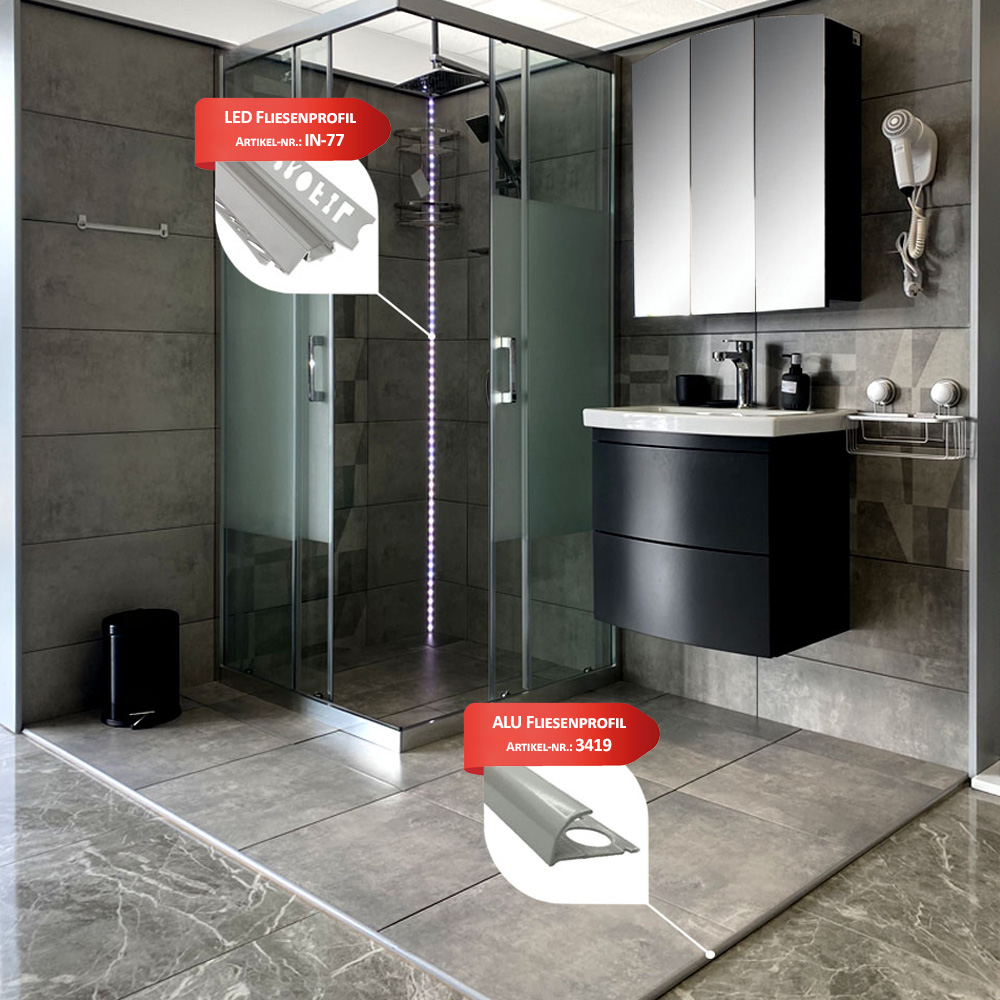 IN-T77 LED Alu Fliesenprofil Ecke innen 12mm silber 2m opal