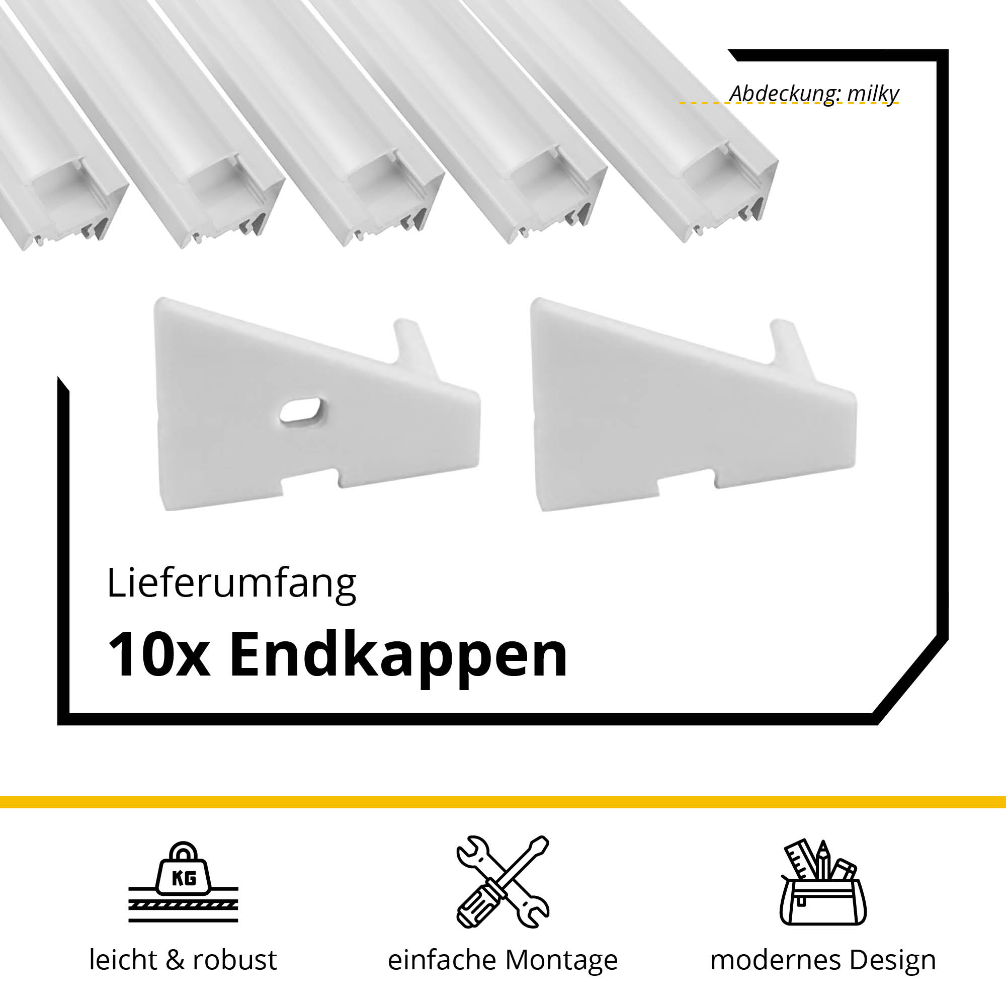 5x A20 LED Profil 2m - Weiss inkl. Abdeckung milky, Halter & Endkappen 5x A20 LED Profil 2m - Weiss inkl. Abdeckung milky, Halter & Endkappen