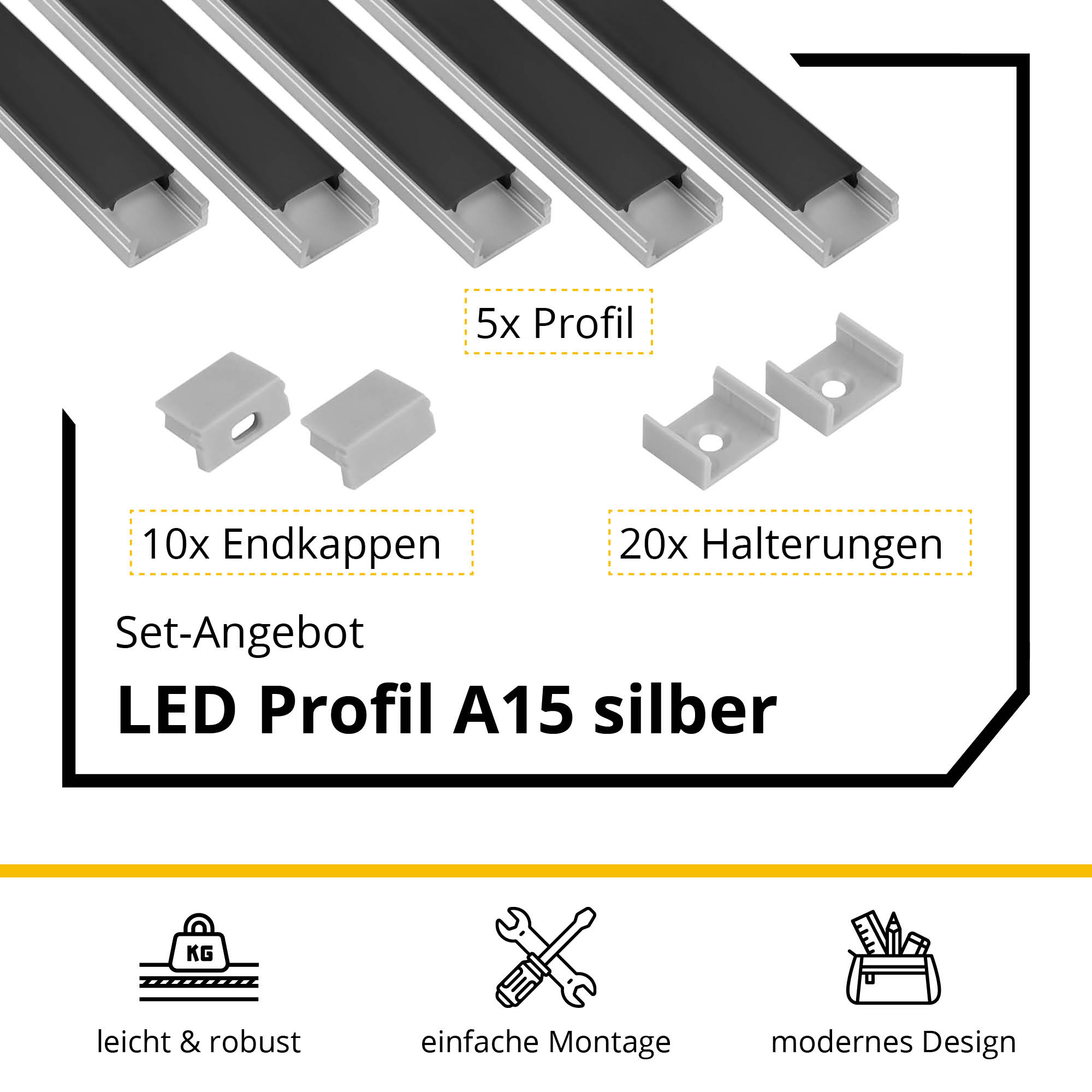 5x A15 LED Profil 2m - Silber inkl. Abdeckung schwarz, Halter & Endkappen