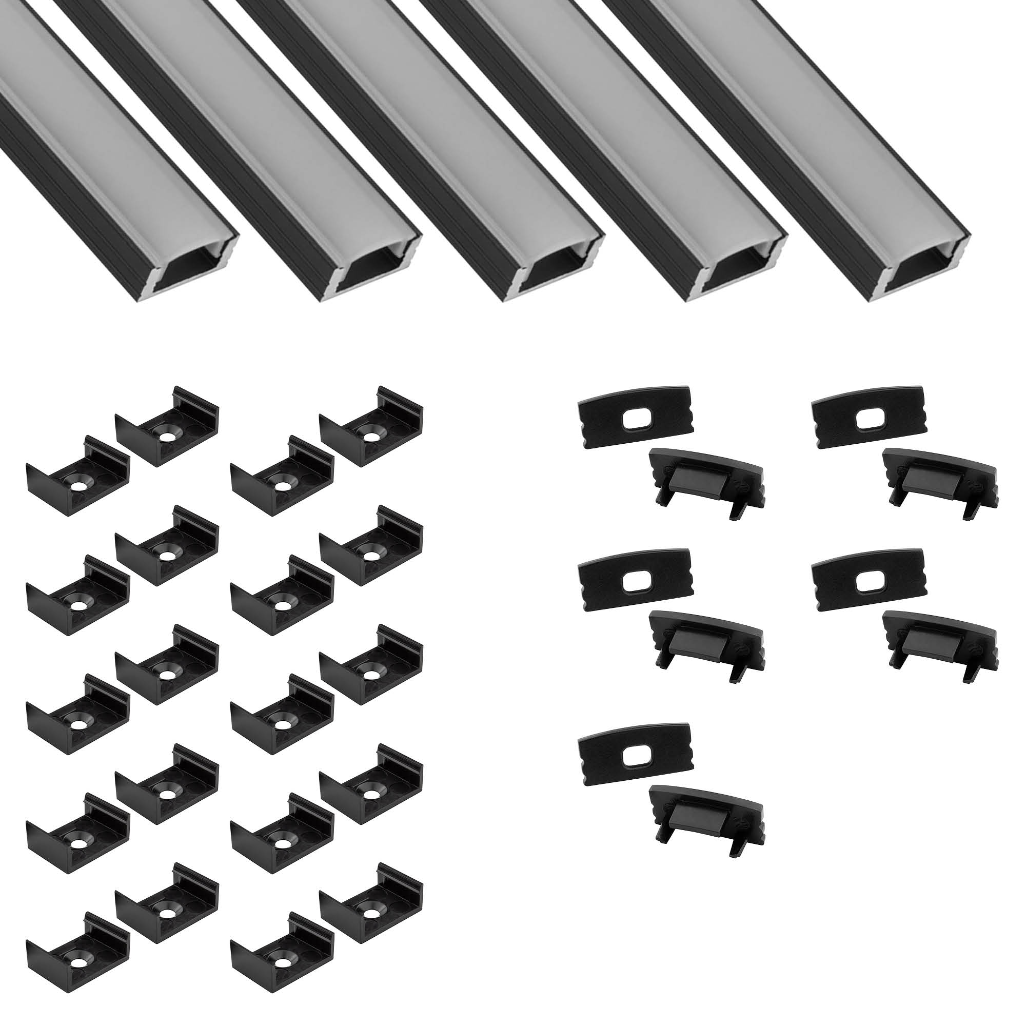 5x A17 LED Profil 2m - Schwarz inkl. Abdeckung opal, Halter & Endkappen