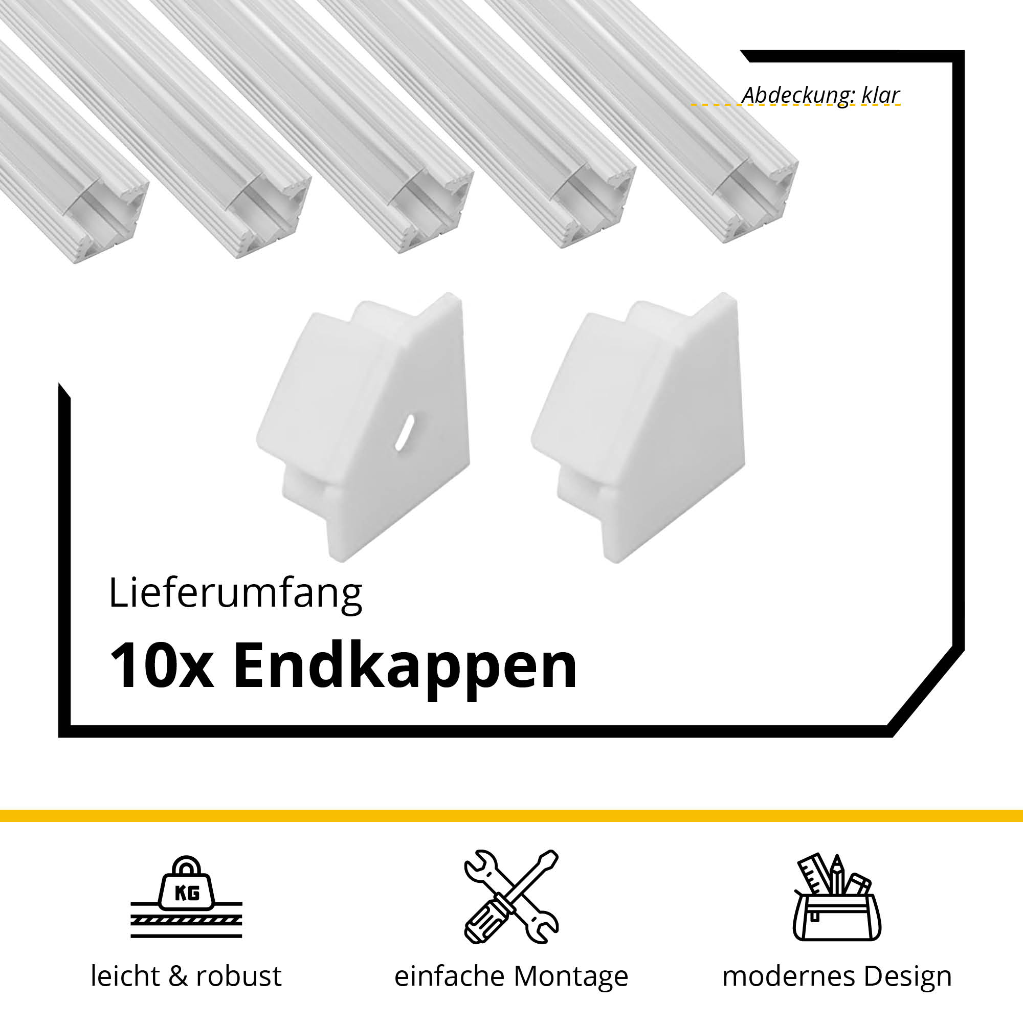 5x A19 LED Profil 2m - Weiss inkl. Abdeckung klar, Halter & Endkappen