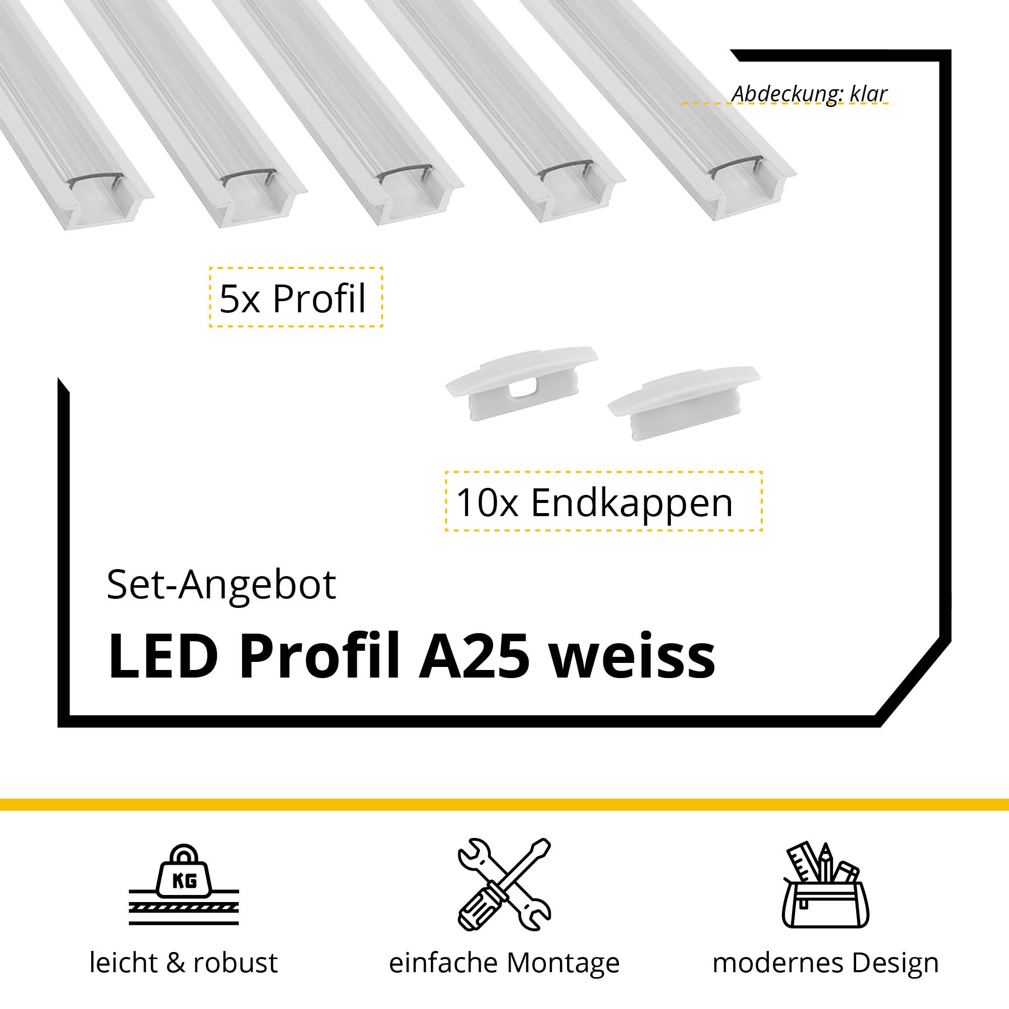 5x A25 LED Profil 2m - Weiss inkl. Abdeckung & Endkappen 5x A25 LED Profil 2m - Weiss inkl. Abdeckung klar & Endkappen