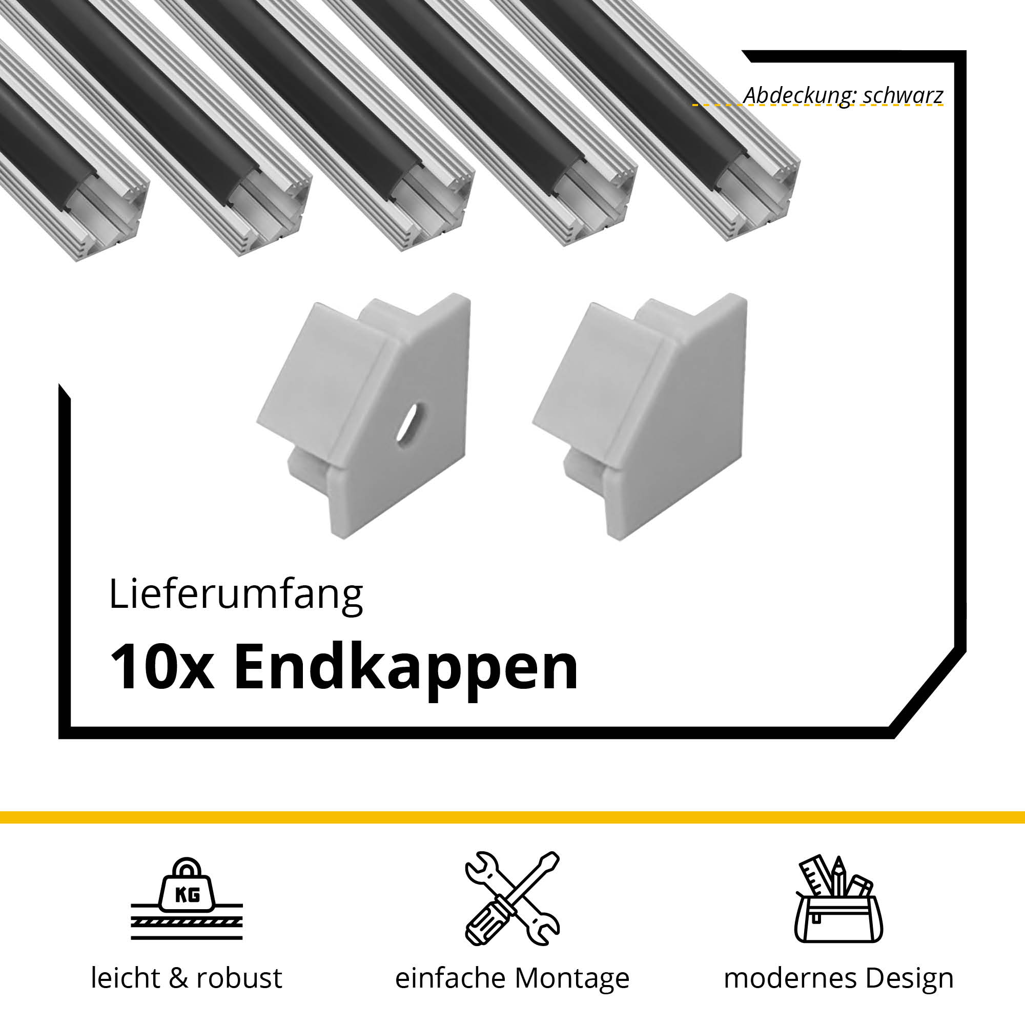 5x A19 LED Profil 2m - Silber inkl. Abdeckung schwarz, Halter & Endkappen