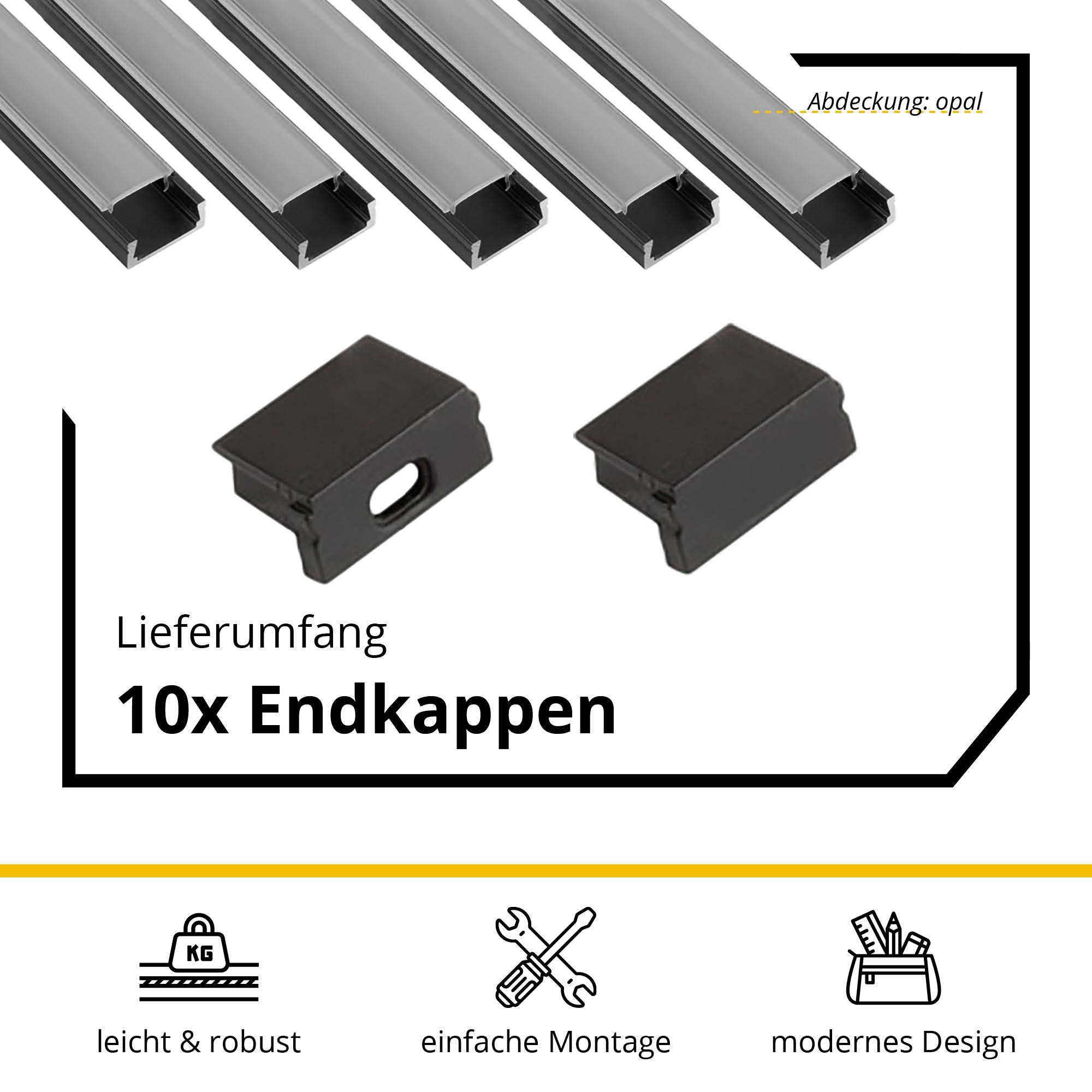 5x A15 LED Profil 2m - Schwarz inkl. Abdeckung opal, Halter & Endkappen