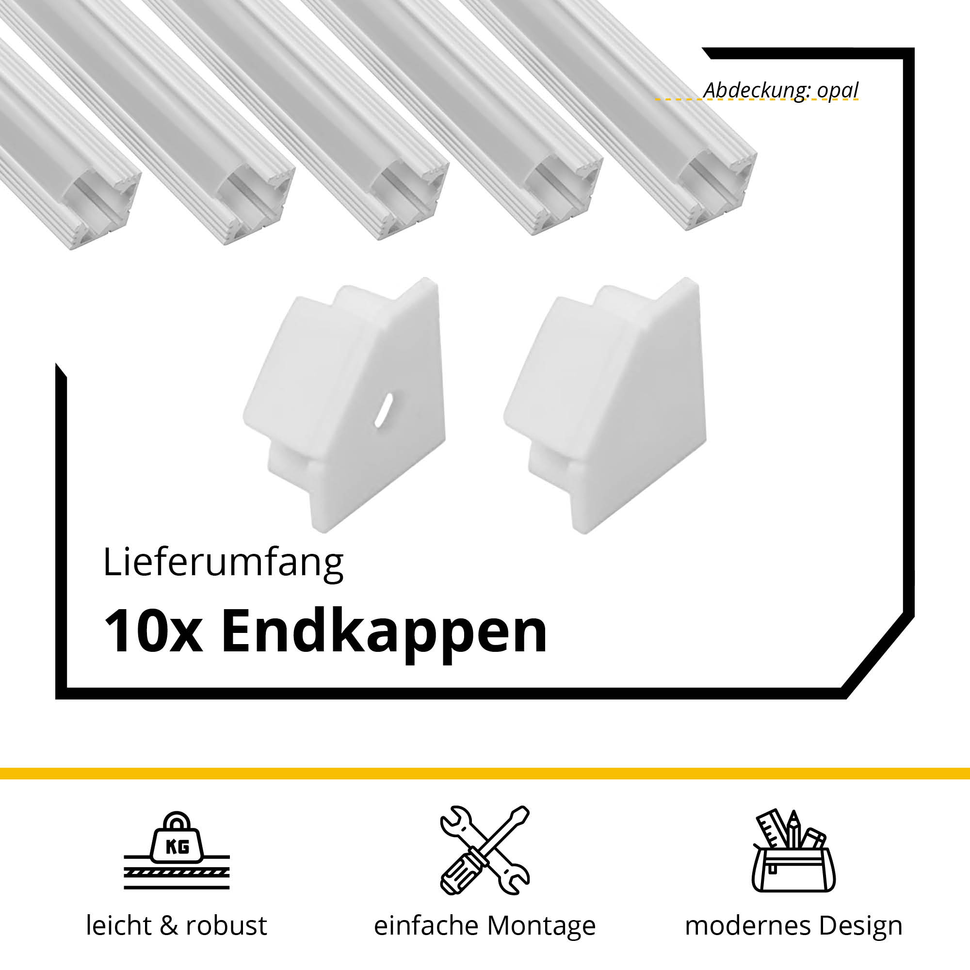5x A19 LED Profil 2m - Weiss inkl. Abdeckung opal, Halter & Endkappen