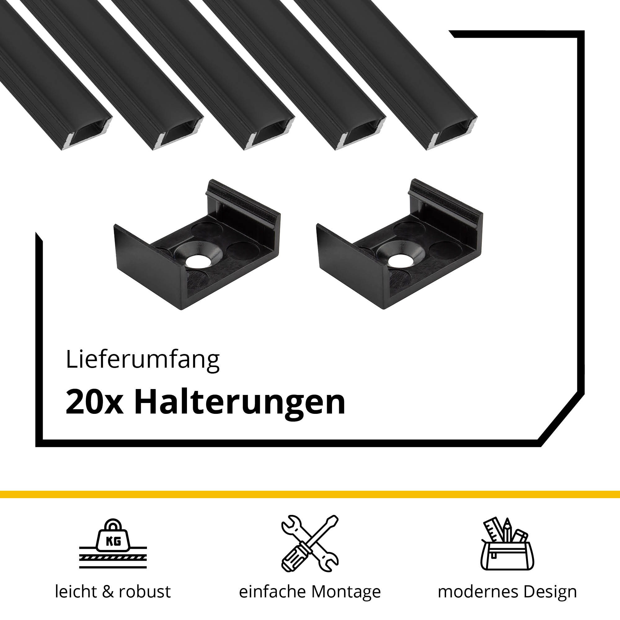 5x A17 LED Profil 2m - Schwarz inkl. Abdeckung schwarz, Halter & Endkappen 5x A17 LED Profil 2m - Schwarz inkl. Abdeckung schwarz, Halter & Endkappen