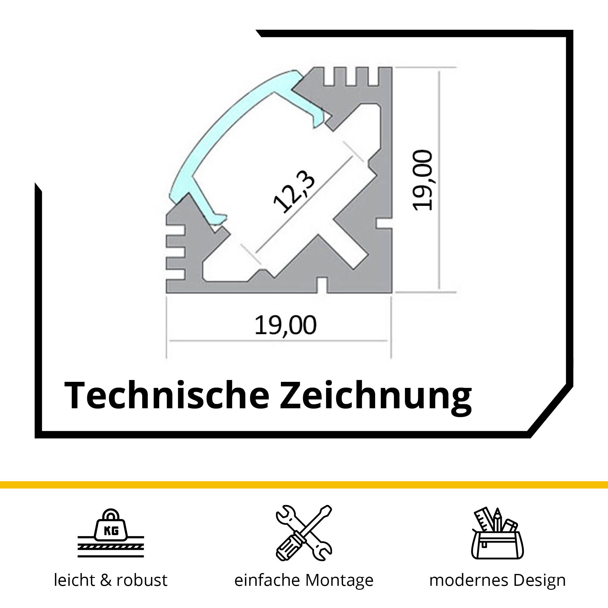 A19 LED Aluprofil Schwarz Eckprofil 90° 5x A19 LED Profil 2m - Weiss inkl. Abdeckung opal, Halter & Endkappen