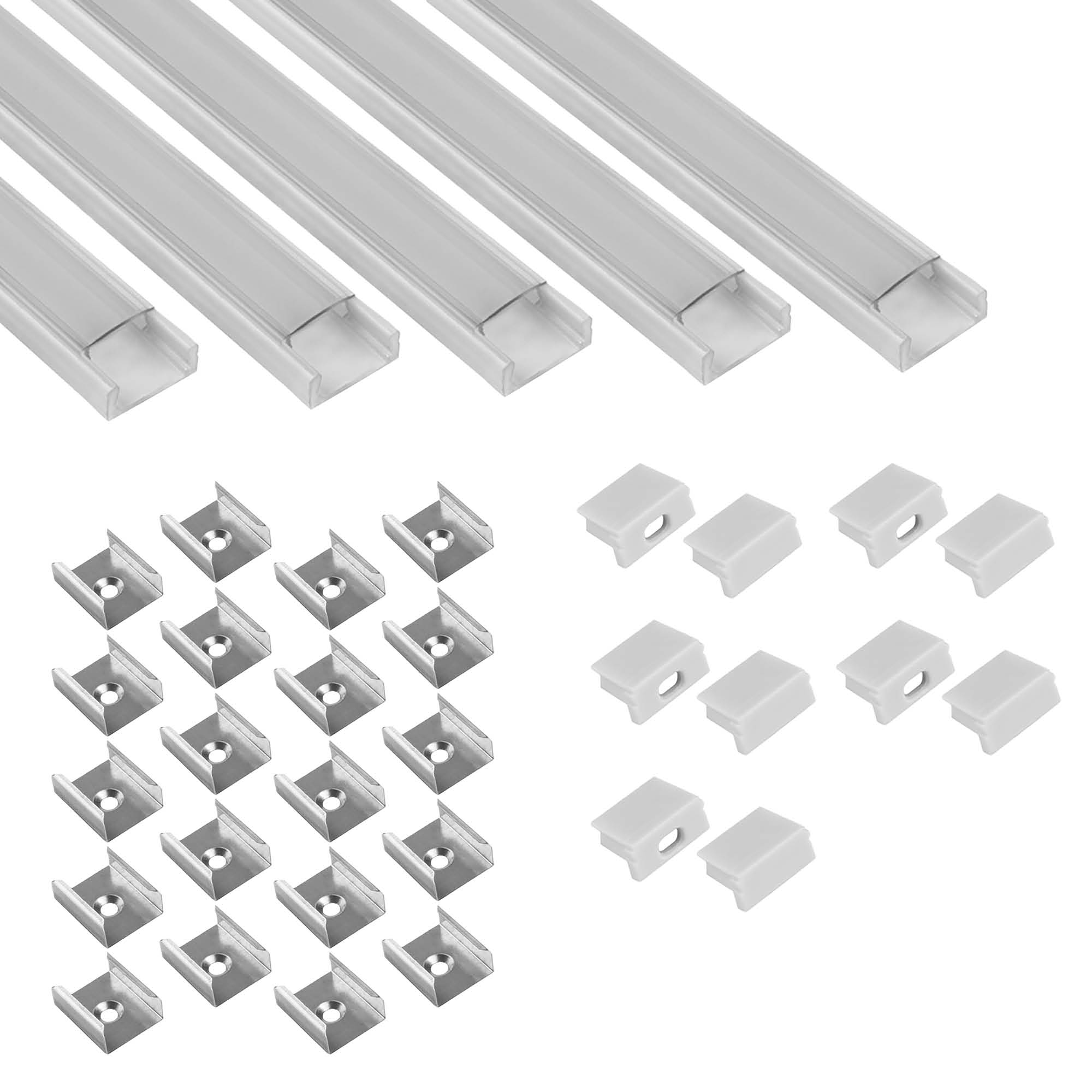 5x A15 LED Profil 2m - Weiss inkl. Abdeckung klar, Halter & Endkappen