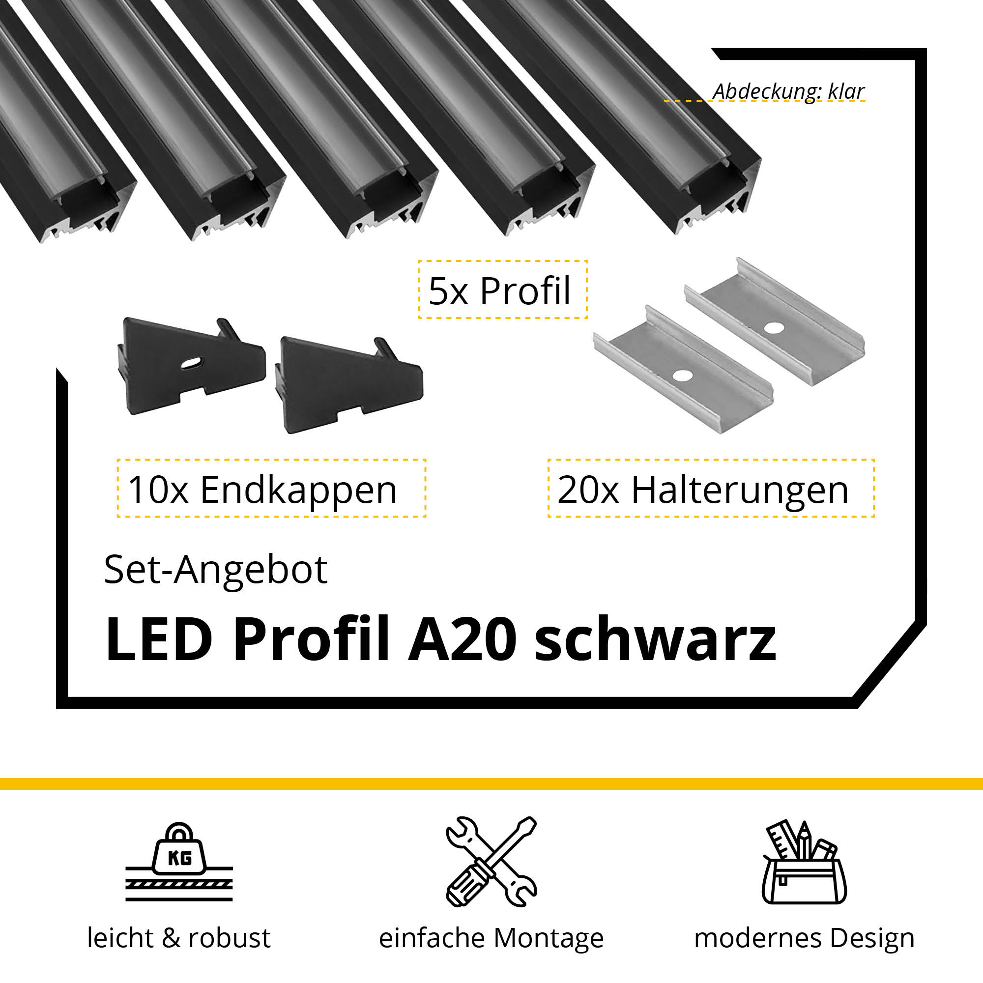 5x A20 LED Profil 2m - Schwarz inkl. Abdeckung, Halter & Endkappen 5x A20 LED Profil 2m - Schwarz inkl. Abdeckung klar, Halter & Endkappen