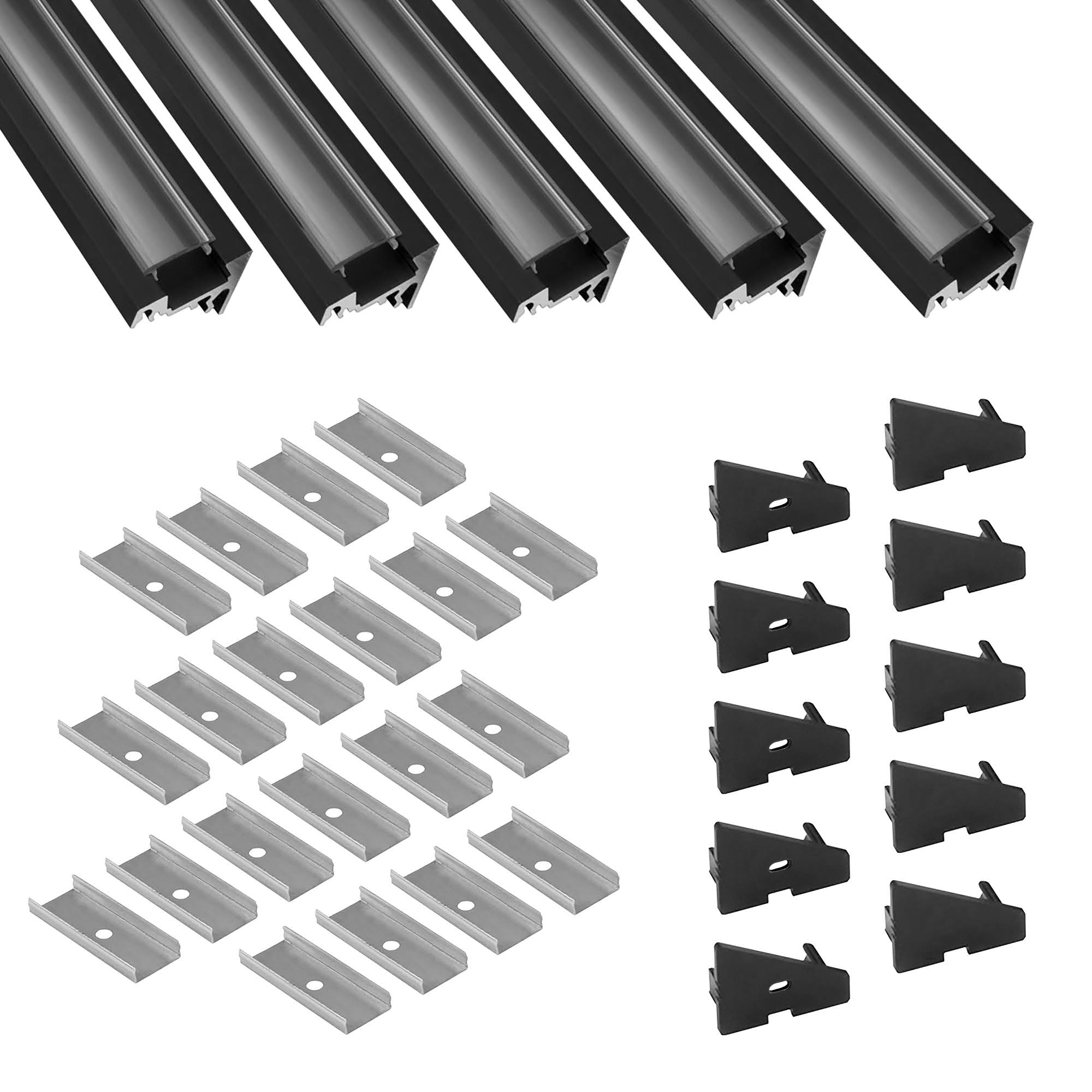 5x A20 LED Profil 2m - Schwarz inkl. Abdeckung klar, Halter & Endkappen