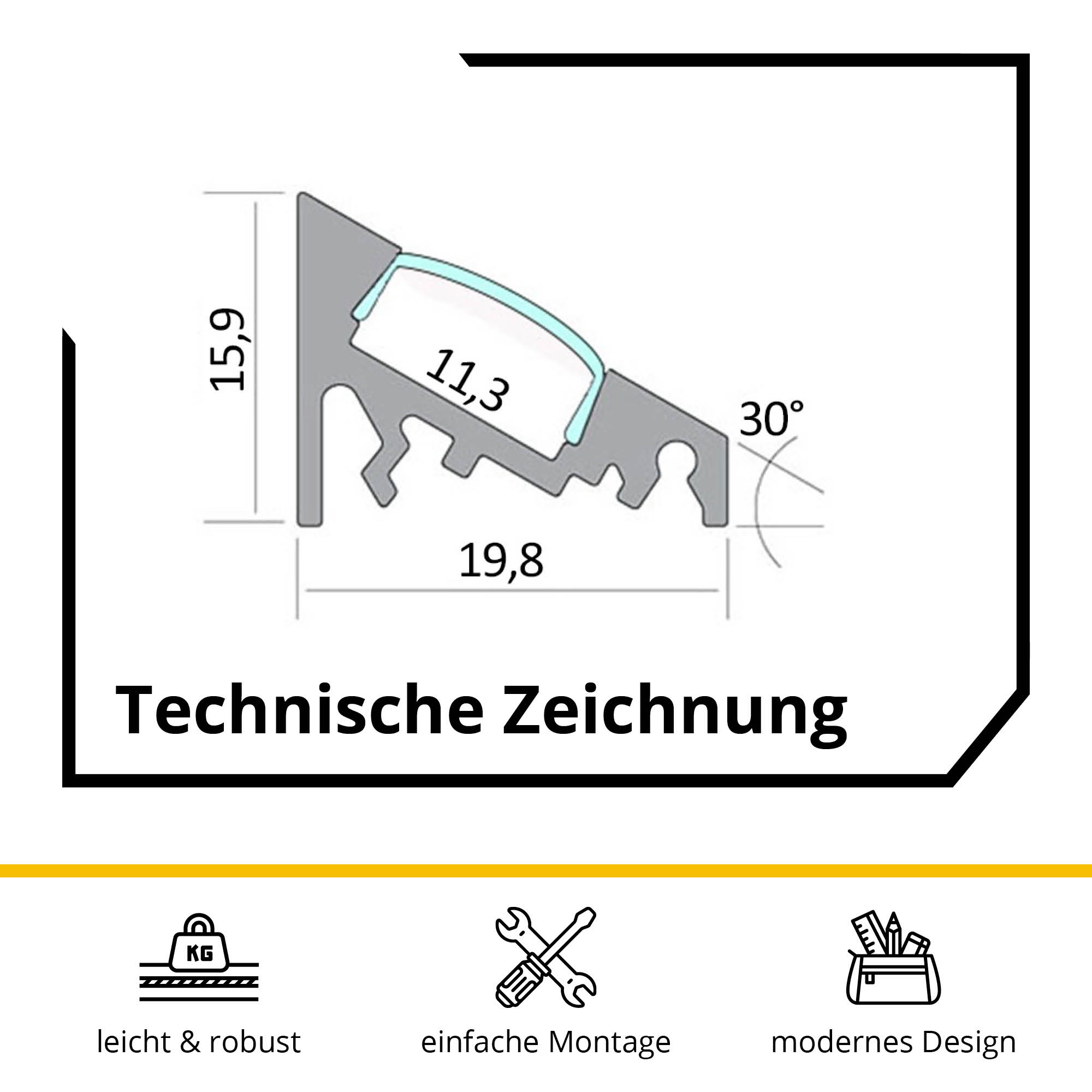 A20 LED Aluprofil Silber Eckprofil 30° 5x A20 LED Profil 2m - Weiss inkl. Abdeckung opal, Halter & Endkappen