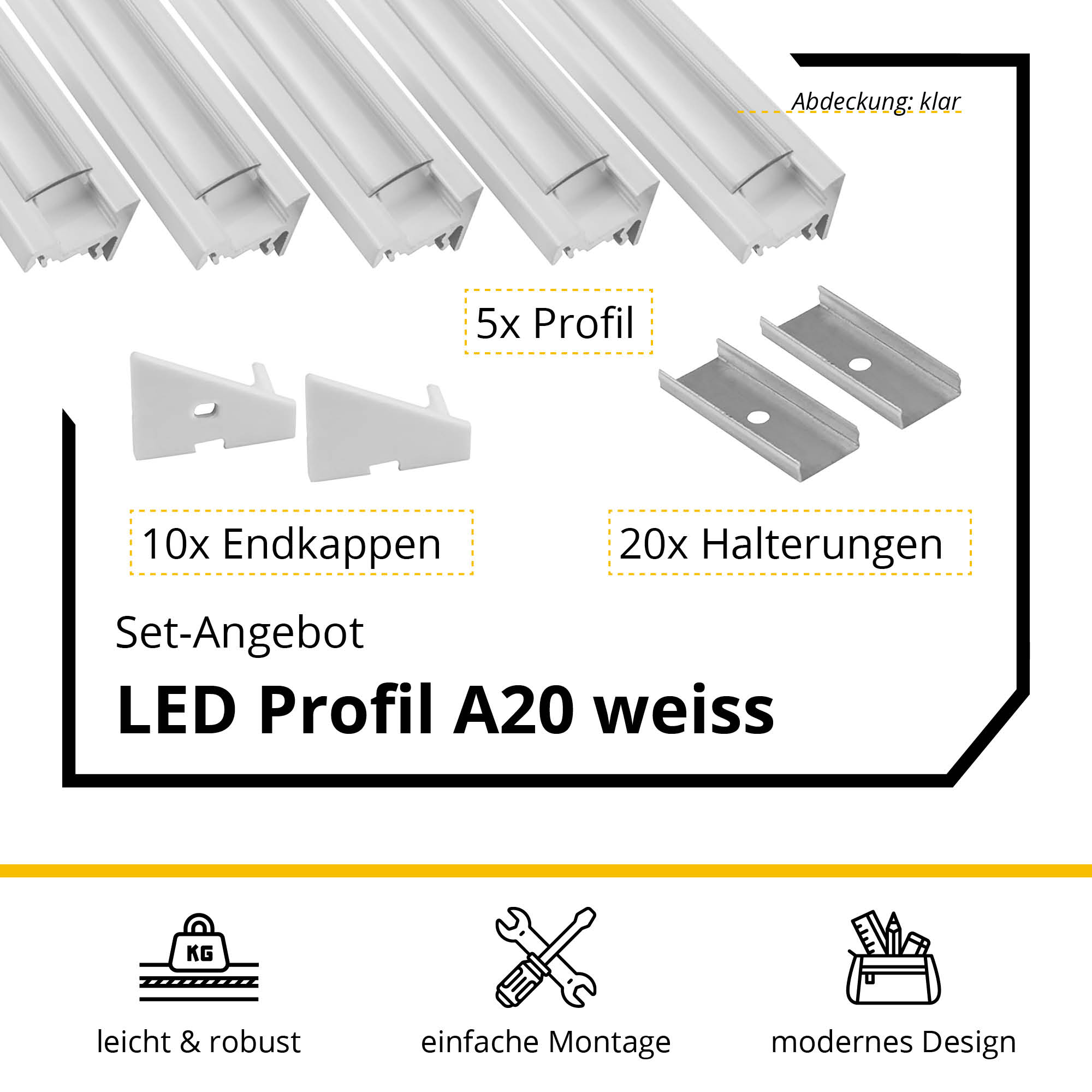 5x A20 LED Profil 2m - Weiss inkl. Abdeckung, Halter & Endkappen 5x A20 LED Profil 2m - Weiss inkl. Abdeckung klar, Halter & Endkappen