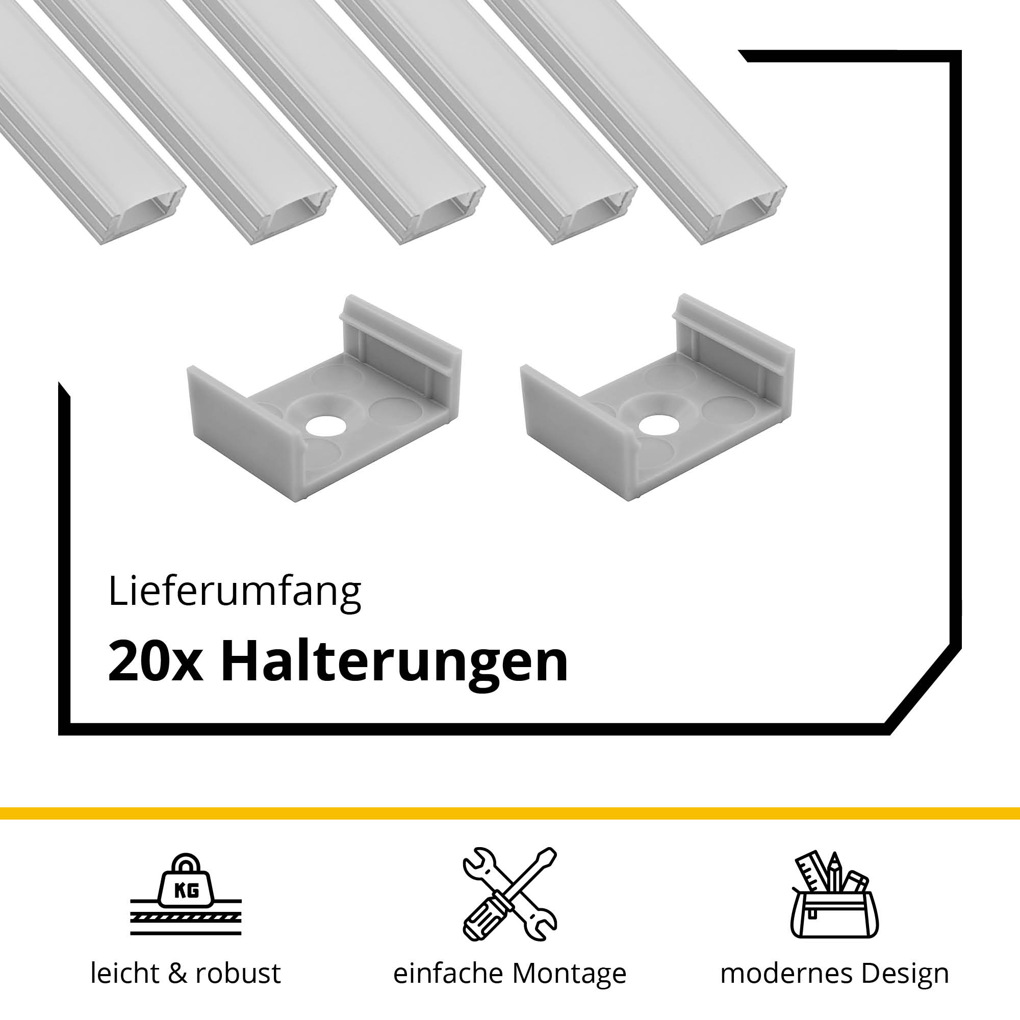 5x A17 LED Profil 2m - Silber inkl. Abdeckung milky, Halter & Endkappen 5x A17 LED Profil 2m - Silber inkl. Abdeckung milky, Halter & Endkappen