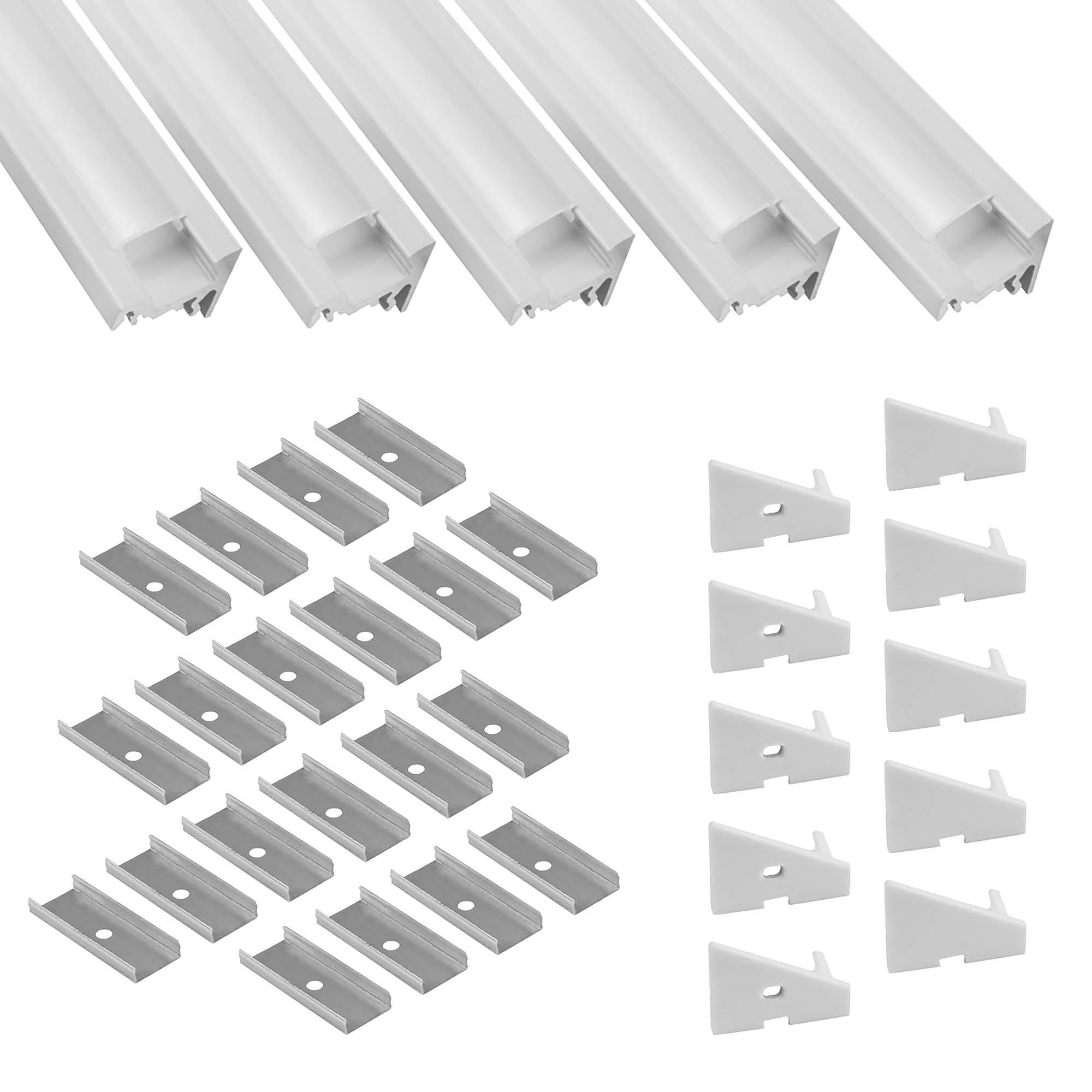 5x A20 LED Profil 2m - Weiss inkl. Abdeckung milky, Halter & Endkappen