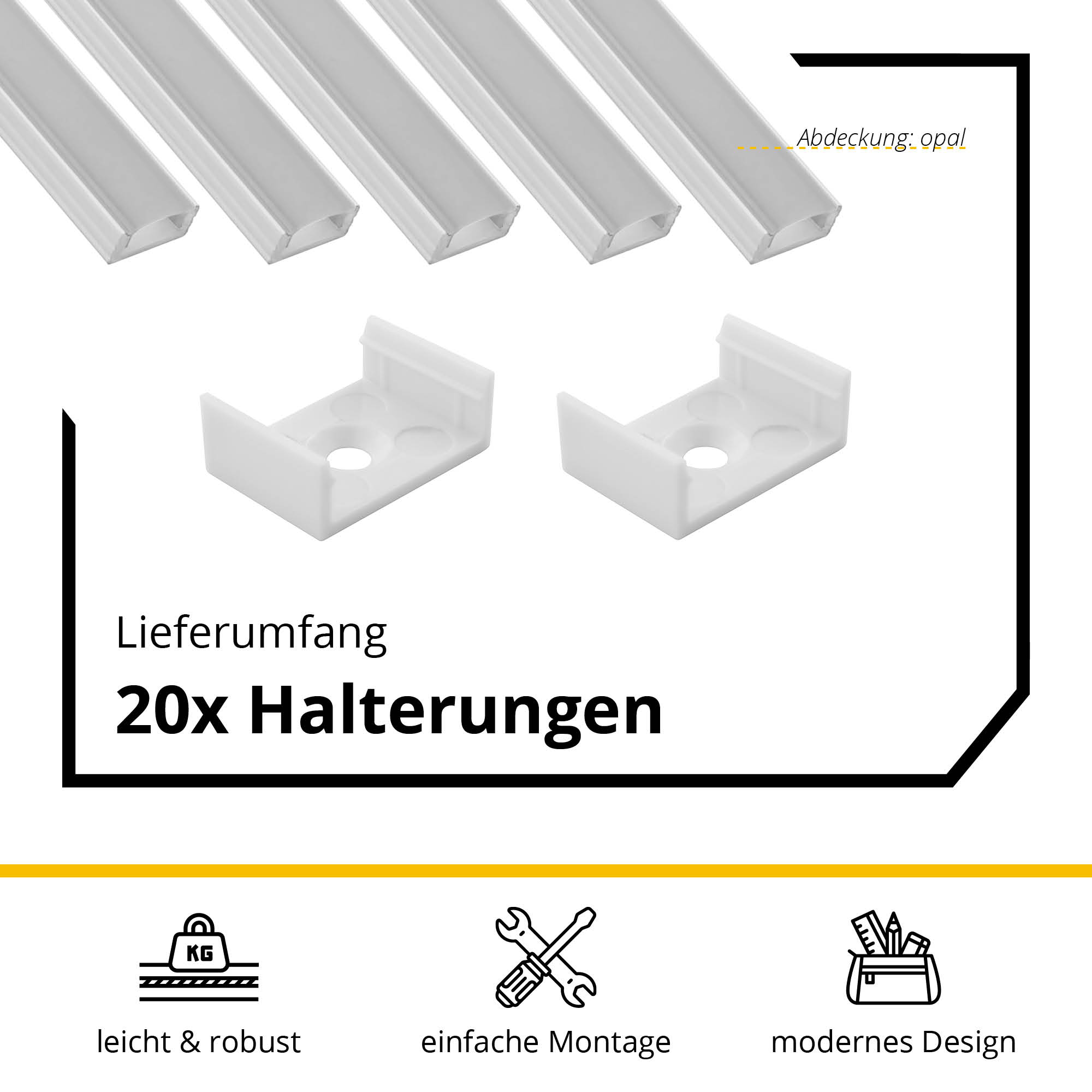 5x A17 LED Profil 2m - Weiss inkl. Abdeckung opal, Halter & Endkappen 5x A17 LED Profil 2m - Weiss inkl. Abdeckung opal, Halter & Endkappen