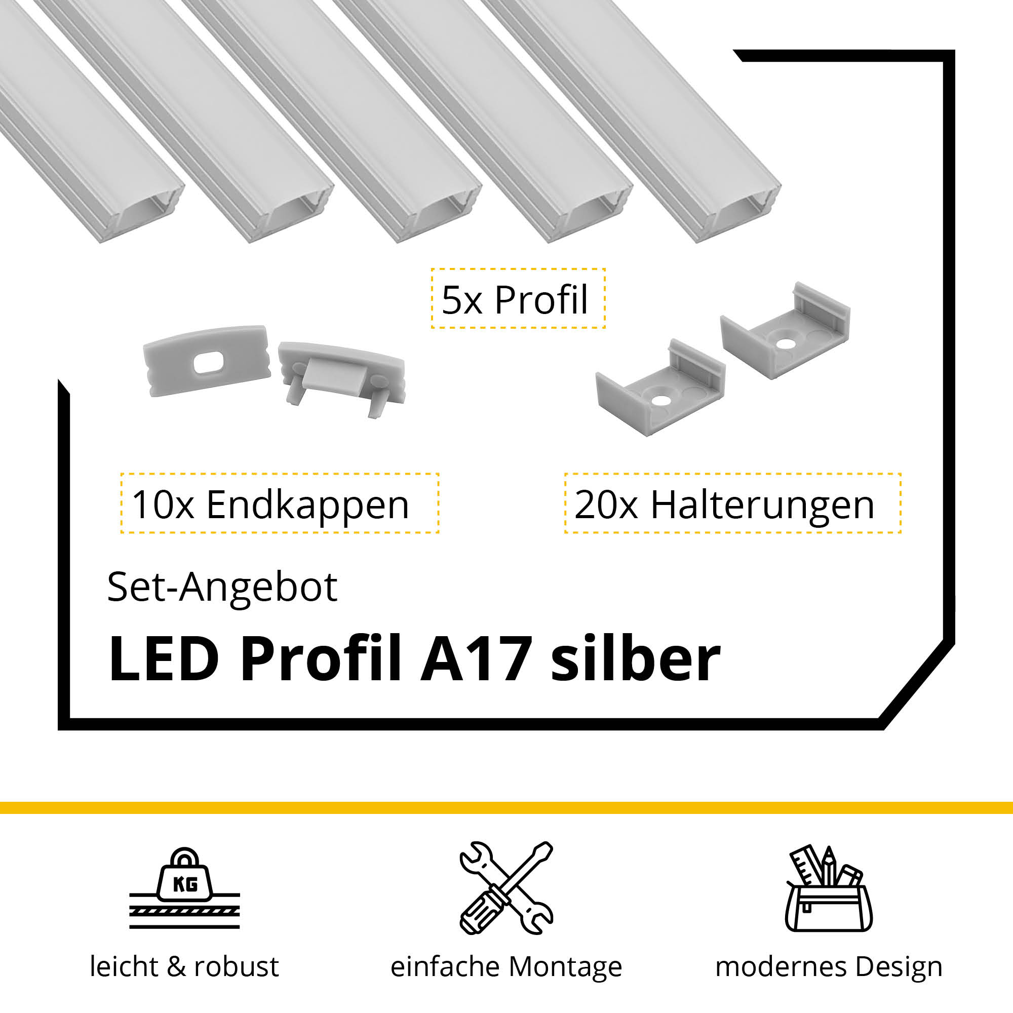 5x A17 LED Profil 2m - Silber inkl. Abdeckung, Halter & Endkappen 5x A17 LED Profil 2m - Silber inkl. Abdeckung milky, Halter & Endkappen