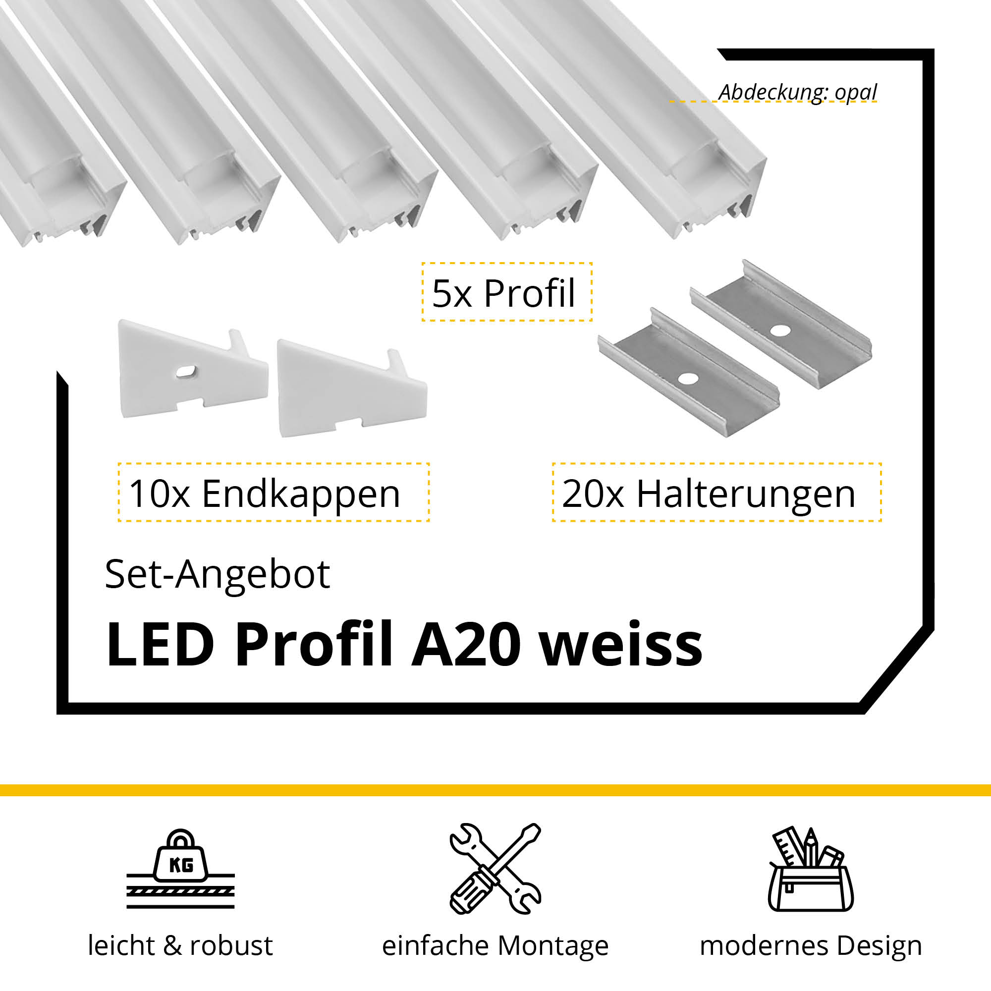 5x A20 LED Profil 2m - Weiss inkl. Abdeckung, Halter & Endkappen 5x A20 LED Profil 2m - Weiss inkl. Abdeckung opal, Halter & Endkappen