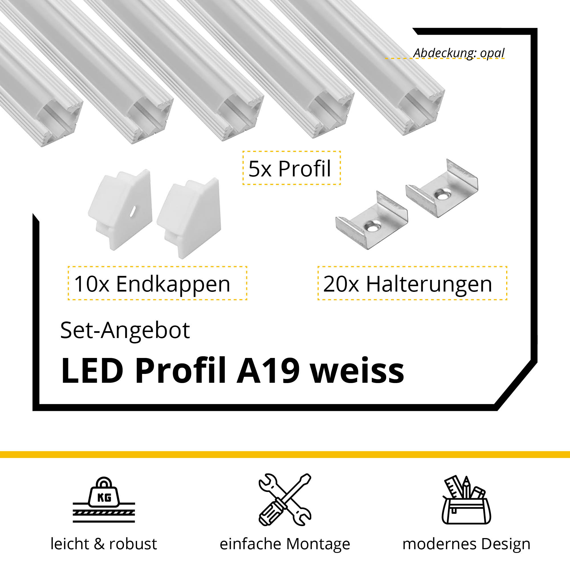 5x A19 LED Profil 2m - Weiss inkl. Abdeckung opal, Halter & Endkappen